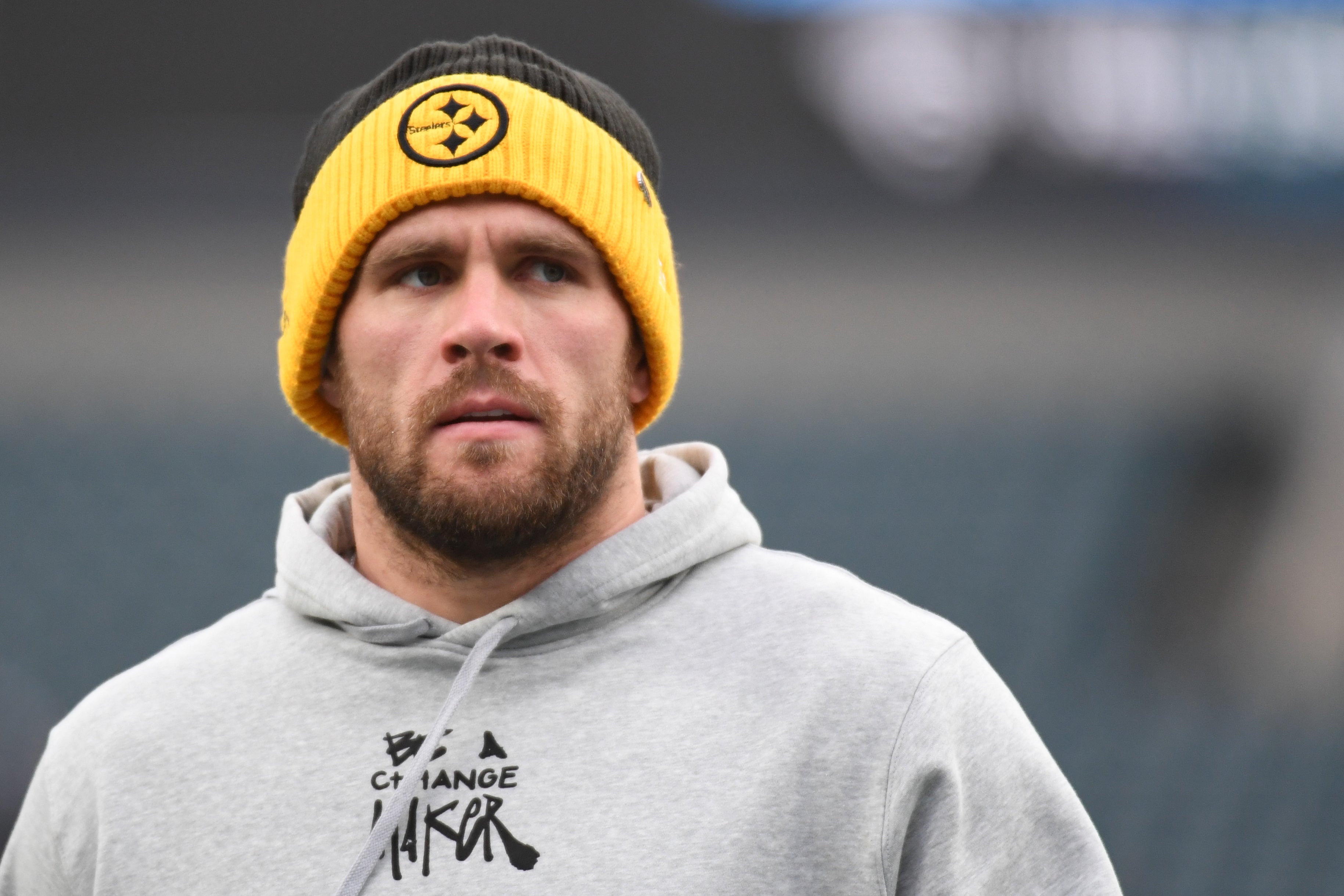 Dec 15, 2024; Philadelphia, Pennsylvania, USA; Pittsburgh Steelers linebacker T.J. Watt (90) during warmups against the Philadelphia Eagles at Lincoln Financial Field.