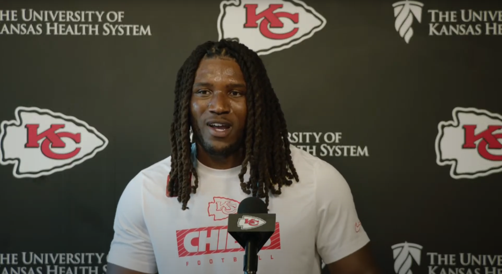 Chiefs LB Nick Bolton speaks to media members after the team conditioning test at Day 3 of mandatory minicamp.