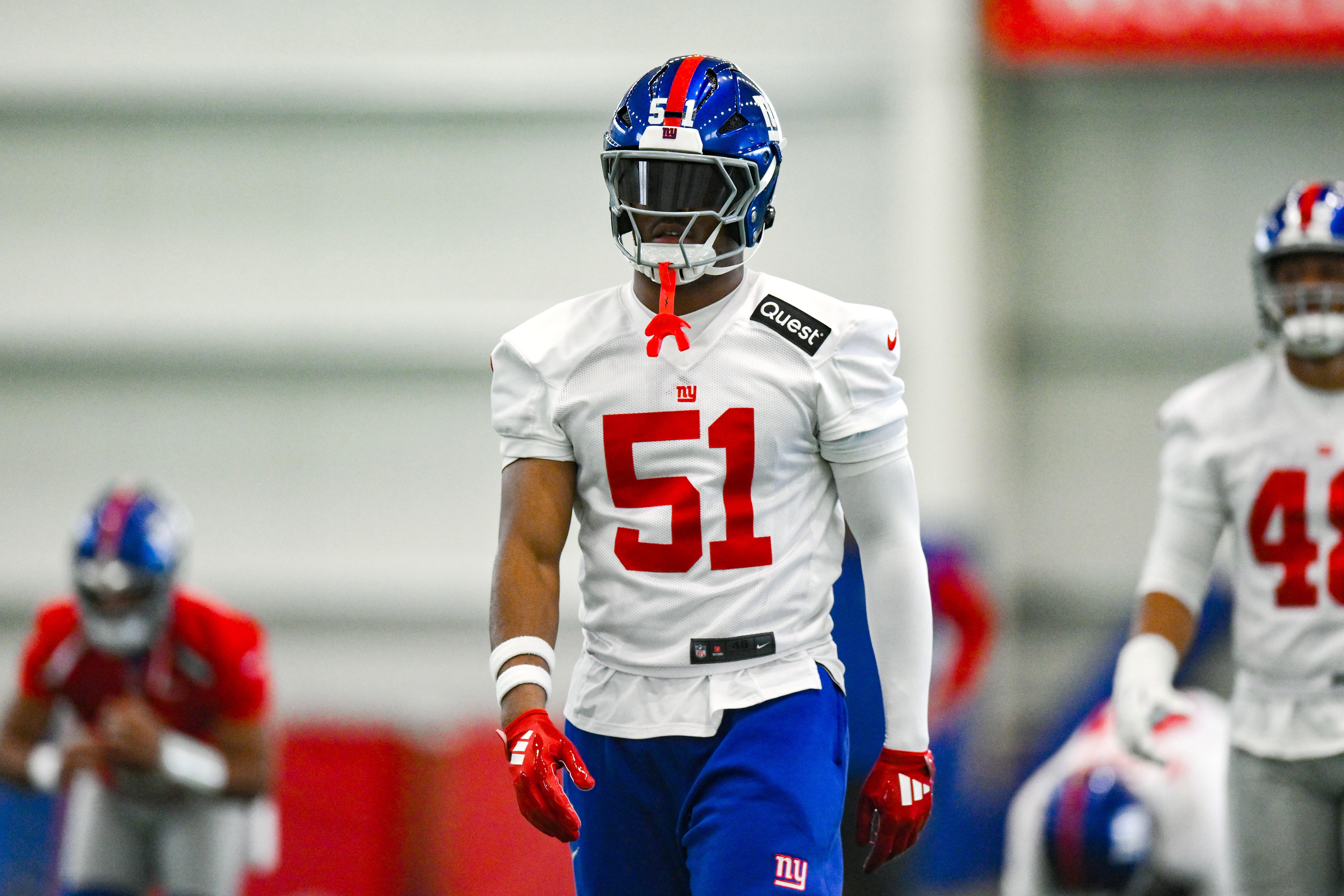 New York Giants linebacker Abdul Carter (51) warms up during minicamp at Quest Diagnostics Training Center.