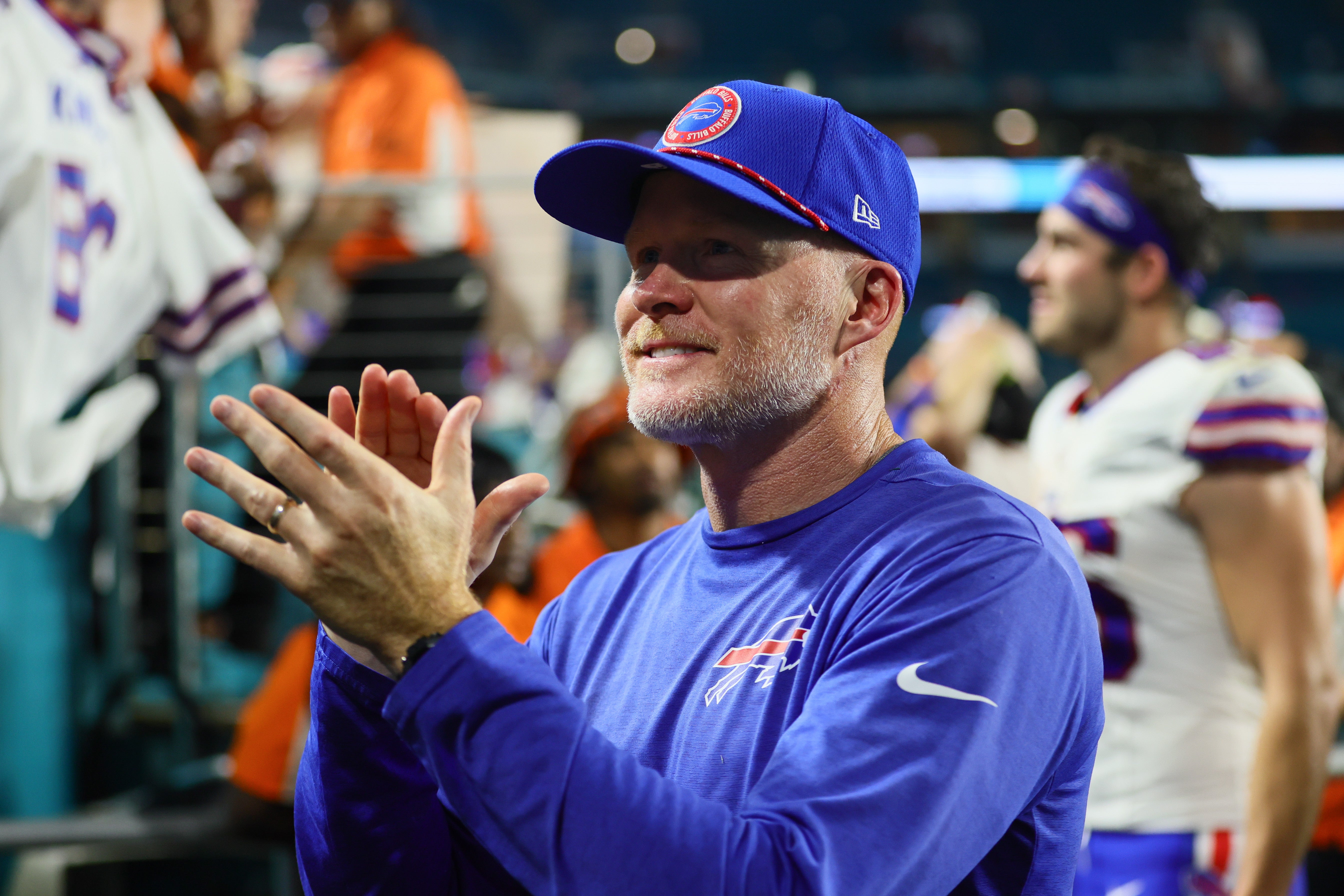 Sep 12, 2024; Miami Gardens, Florida, USA; Buffalo Bills head coach Sean McDermott reacts after the game against the Miami Dolphins at Hard Rock Stadium.