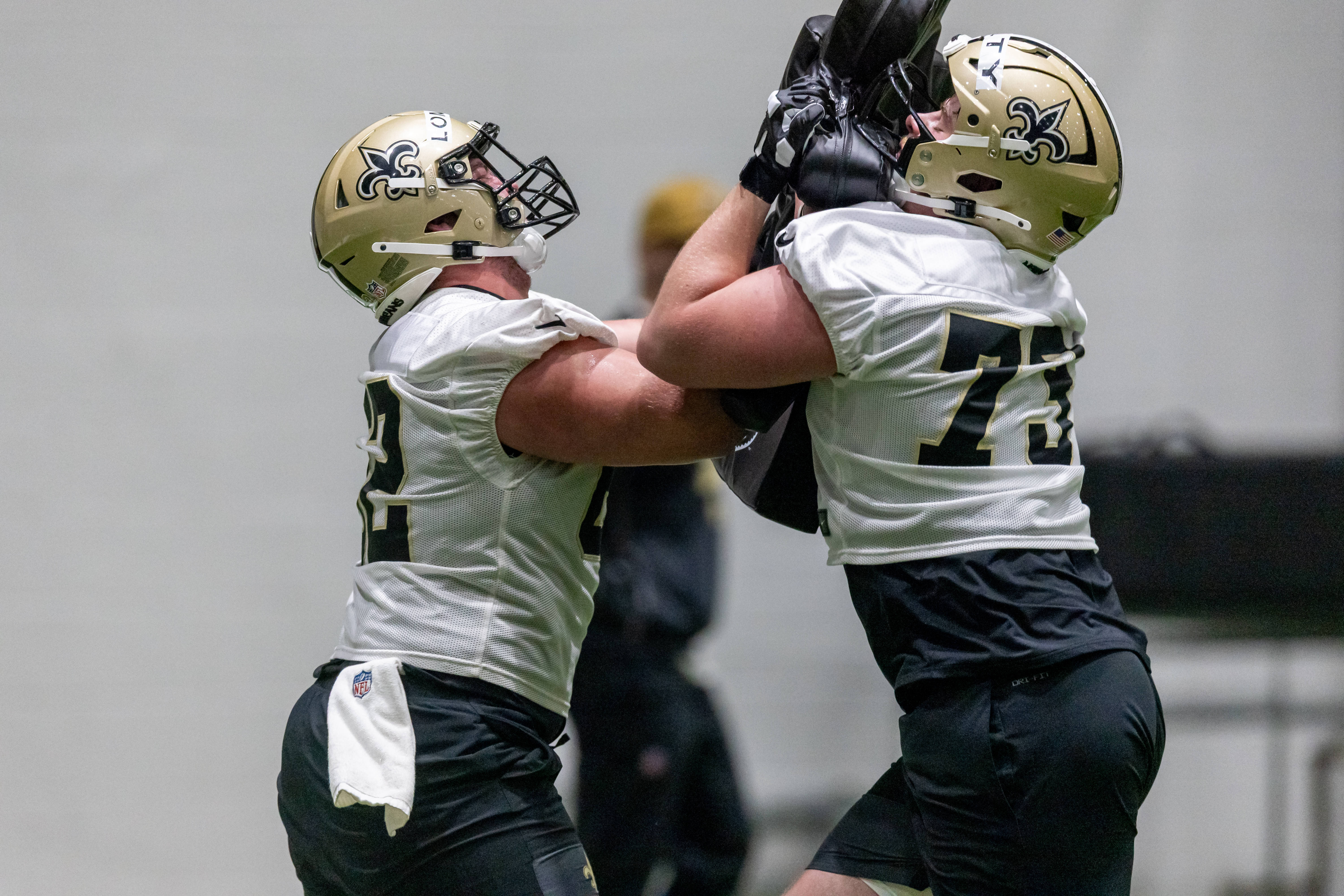 May 10, 2025; New Orleans, LA, USA; New Orleans Saints tackle Easton Kilty (73) and tackle Joey Lombard (62) during rookie minicamp at Ochsner Sports Performance Center.