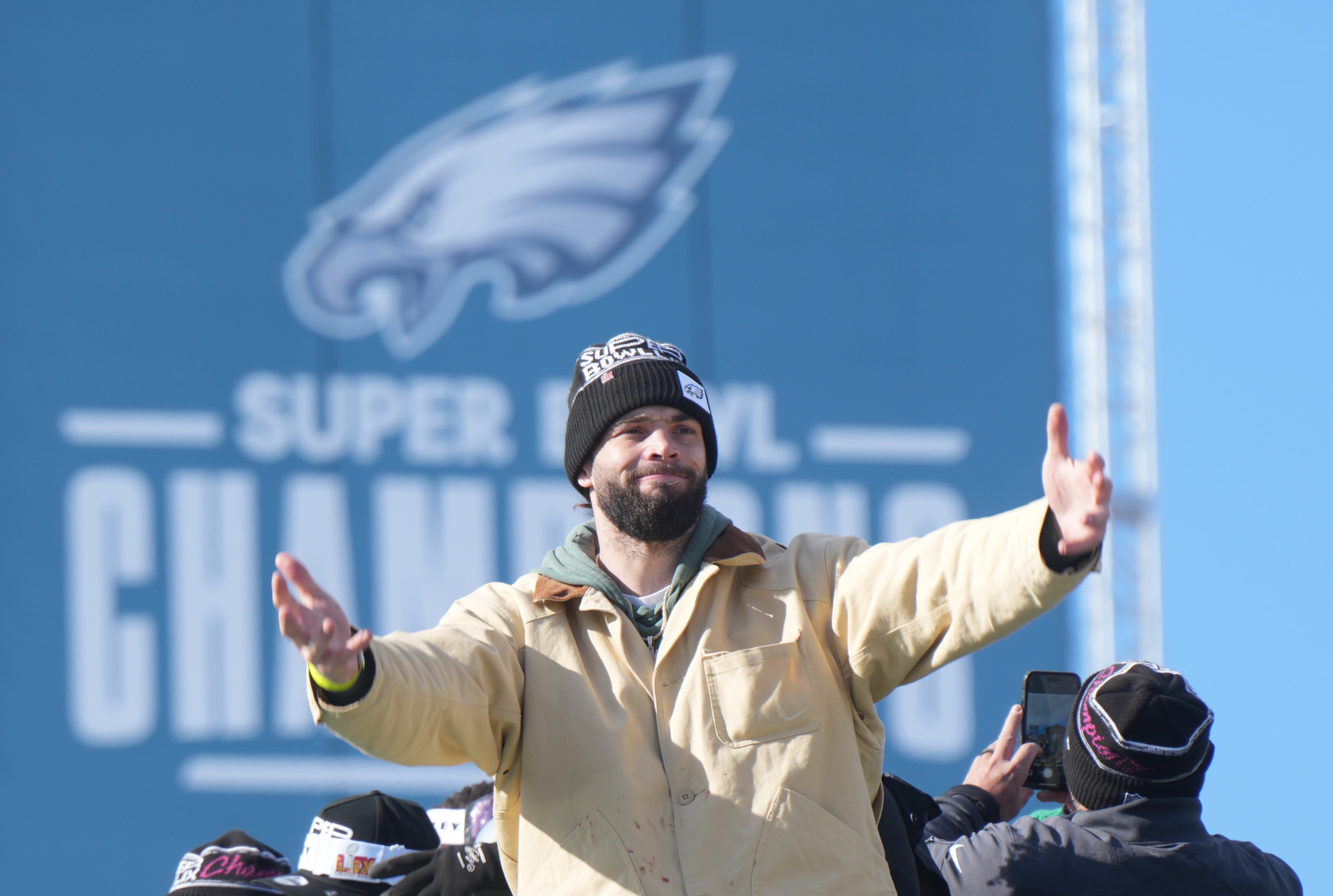 Philadelphia Eagles tight end Dallas Goedert (88) reacts during the Super Bowl LIX championship parade and rally.