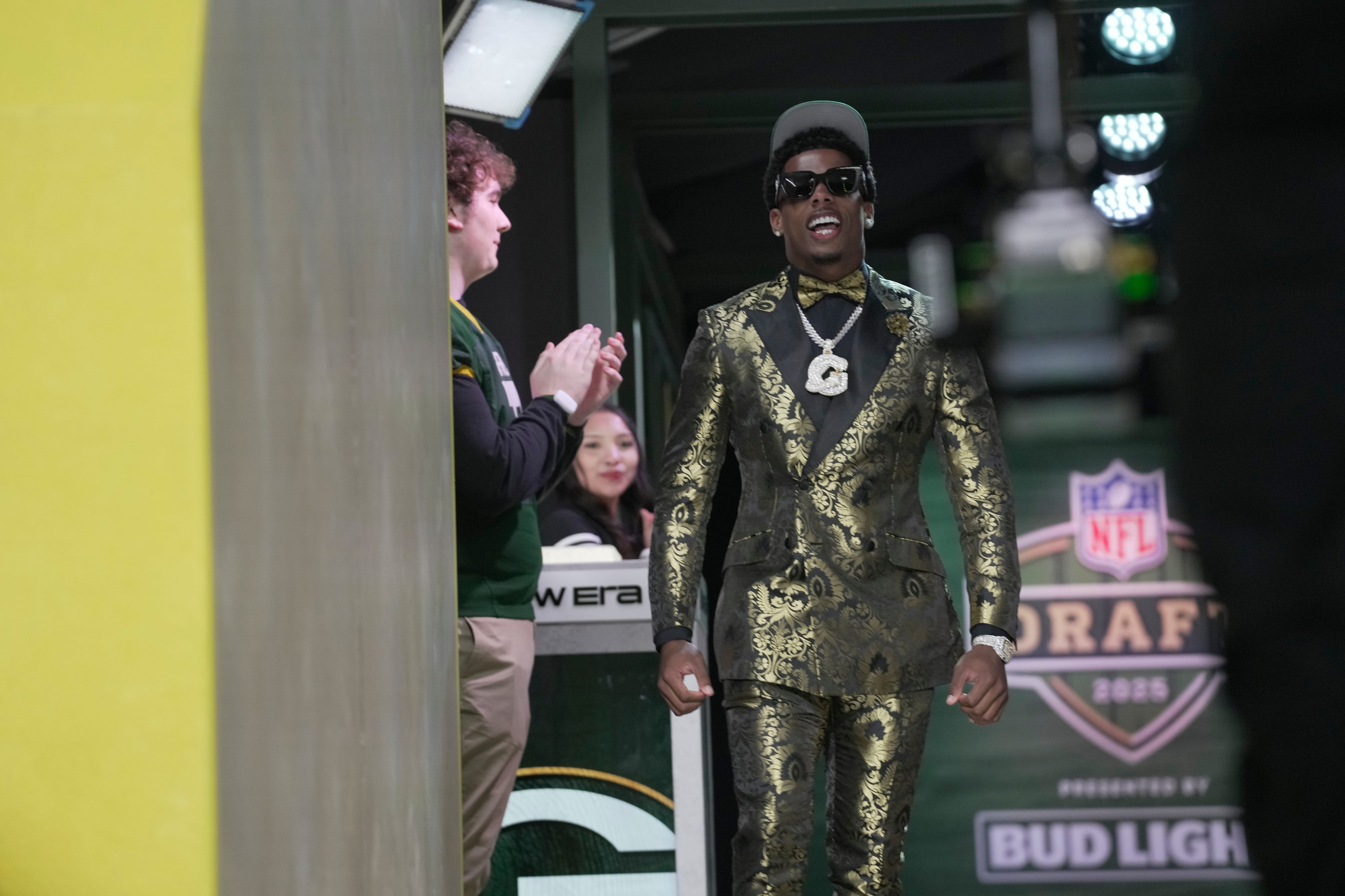 Wide Receiver Matthew Golden of Texas heads to the stage after being selected twenty-third overall pick by the Green Bay Packers during the first round of the 2025 NFL Draft at Lambeau Field on April 24, 2025 in Green Bay.