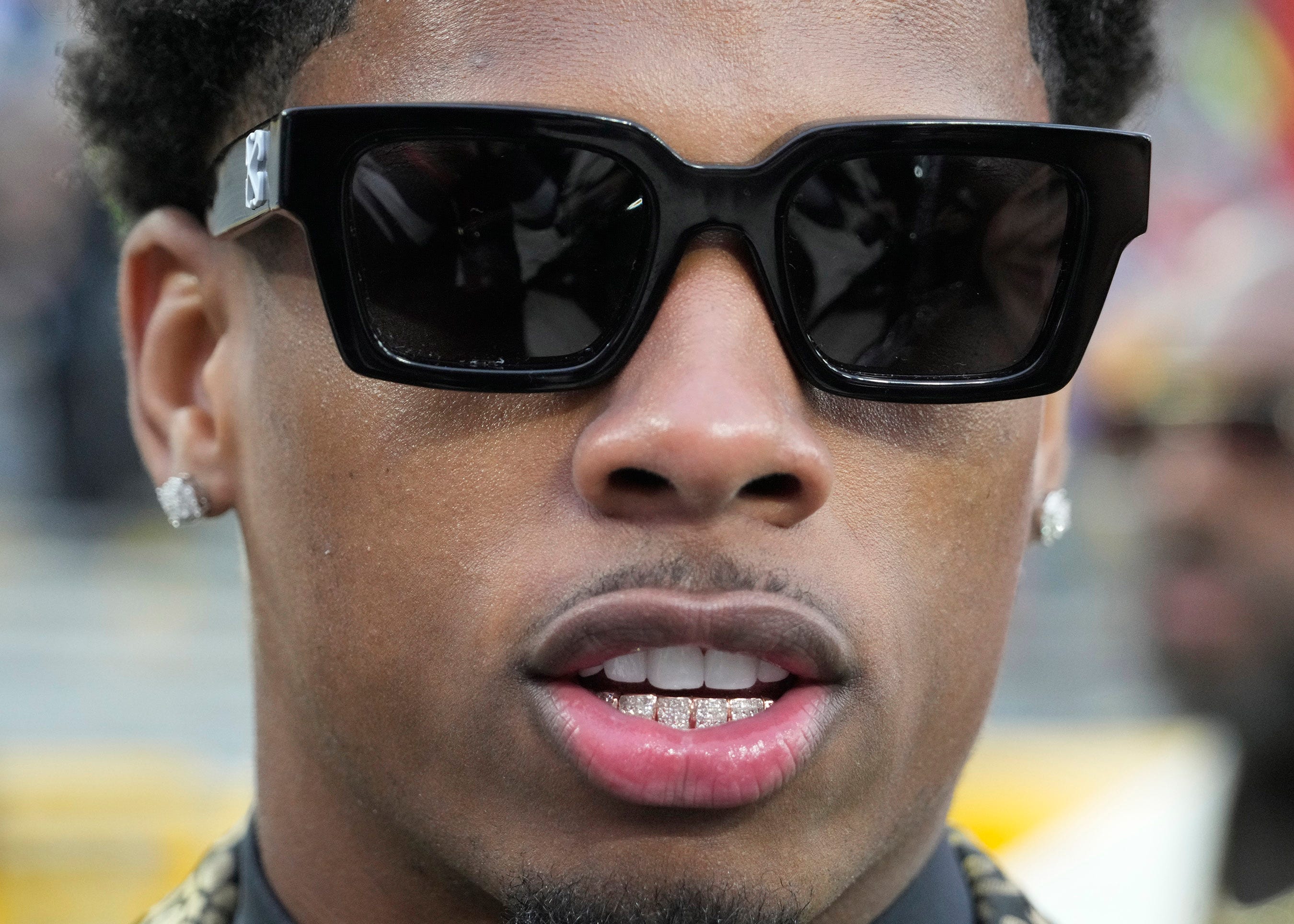 NFL draft prospect, Matthew Golden of Texas, talks to reporters during the NFL Draft Red Carpet event at Lambeau Field in Green Bay on Thursday, April 24, 2025.