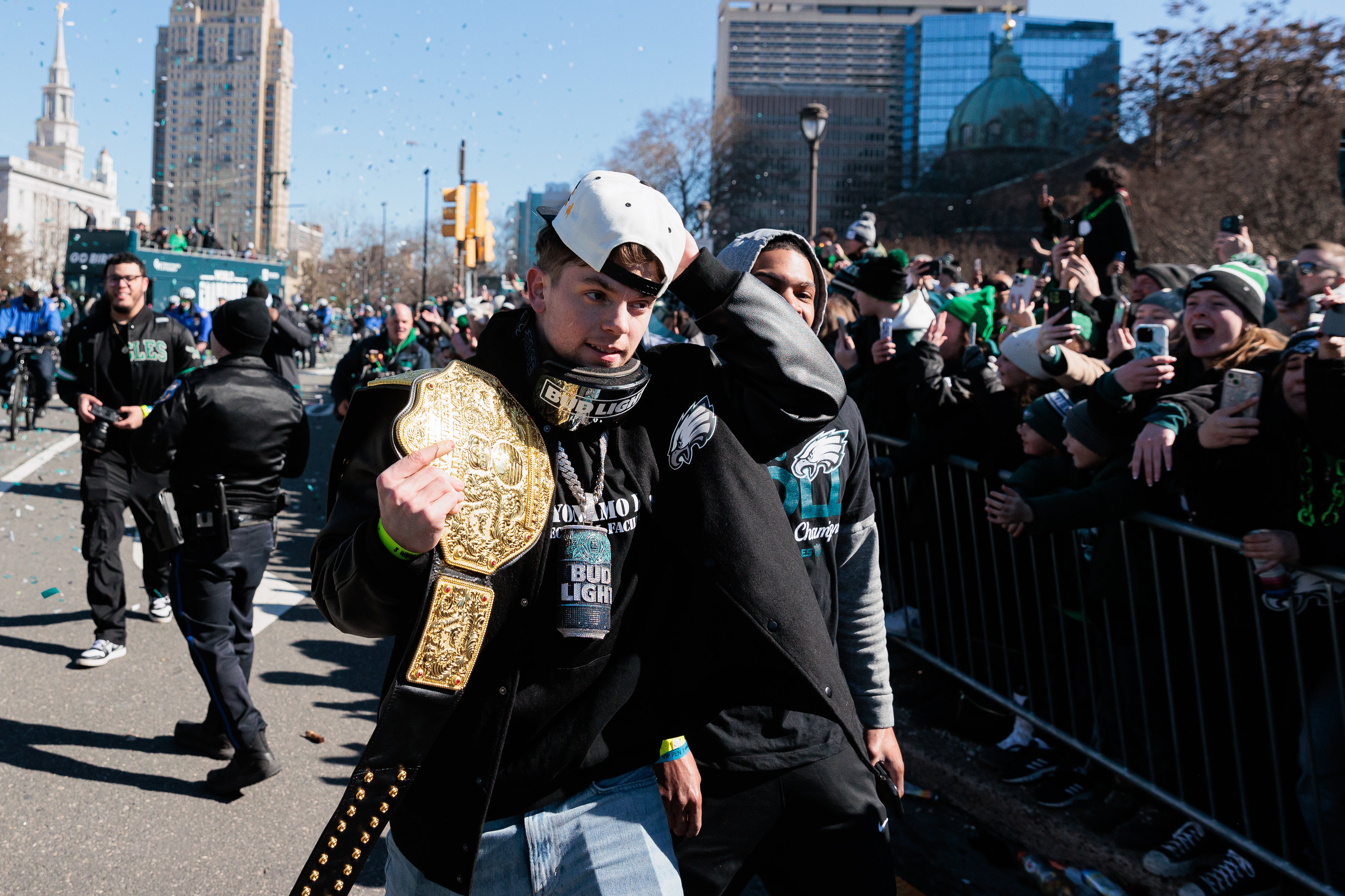 Philadelphia Eagles cornerback Cooper DeJean (33) celebrates during the Super Bowl LIX championship parade and rally.
