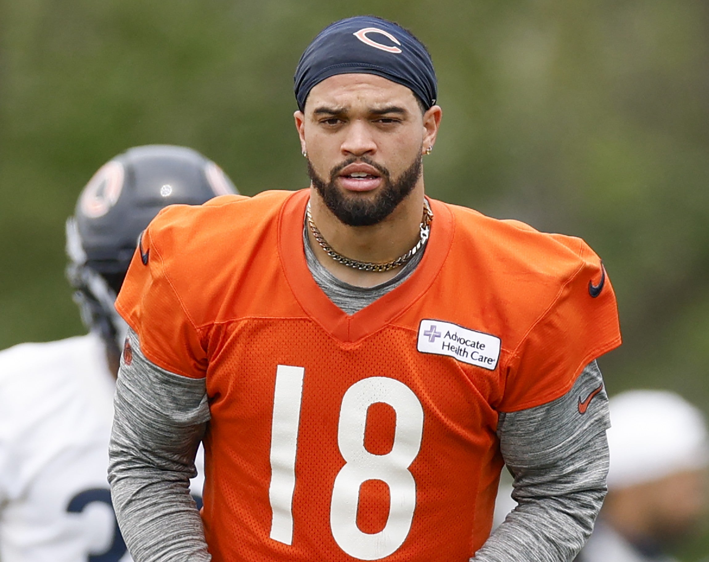 Jun 3, 2025; Lake Forest, IL, USA; Chicago Bears quarterback Caleb Williams (18) looks on during minicamp at Halas Hall.