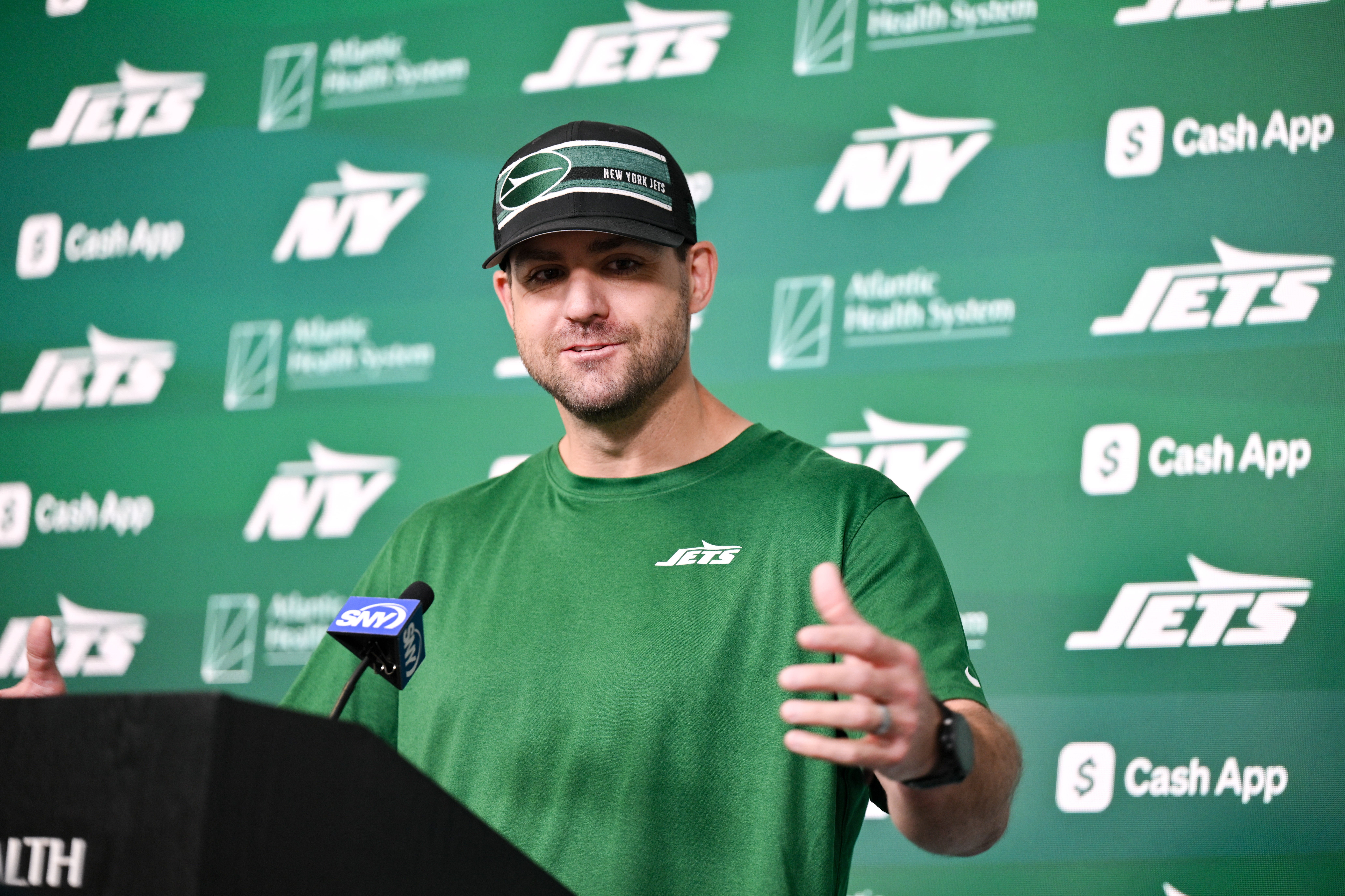 New York Jets offensive coordinator Tanner Engstrand speaks at a press conference during minicamp at Atlantic Health Jets Training Center.