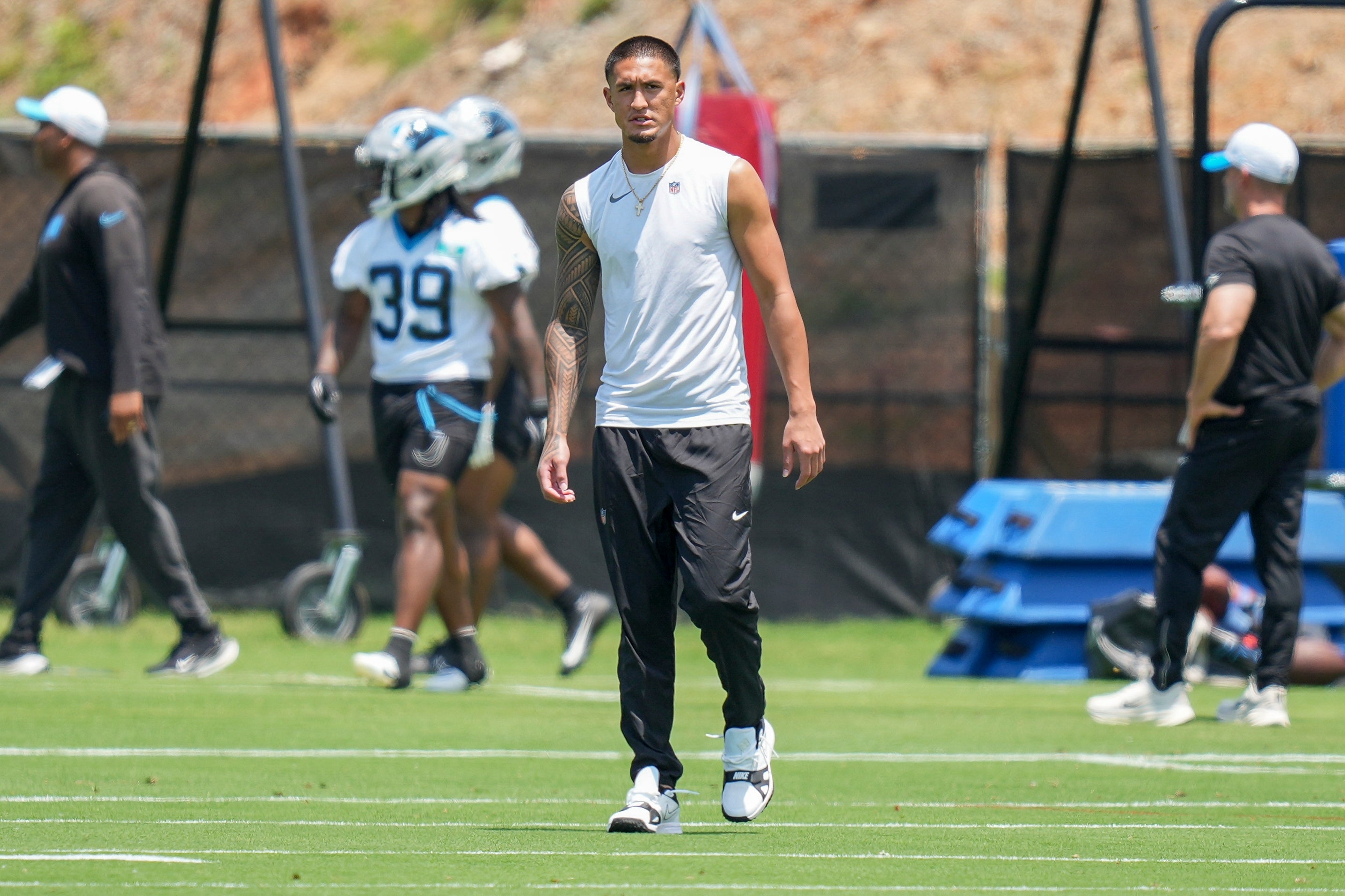Jun 11, 2025; Charlotte, NC, USA; Carolina Panthers wide receiver Tetairoa McMillan (4) during minicamp at Bank of America Stadium.