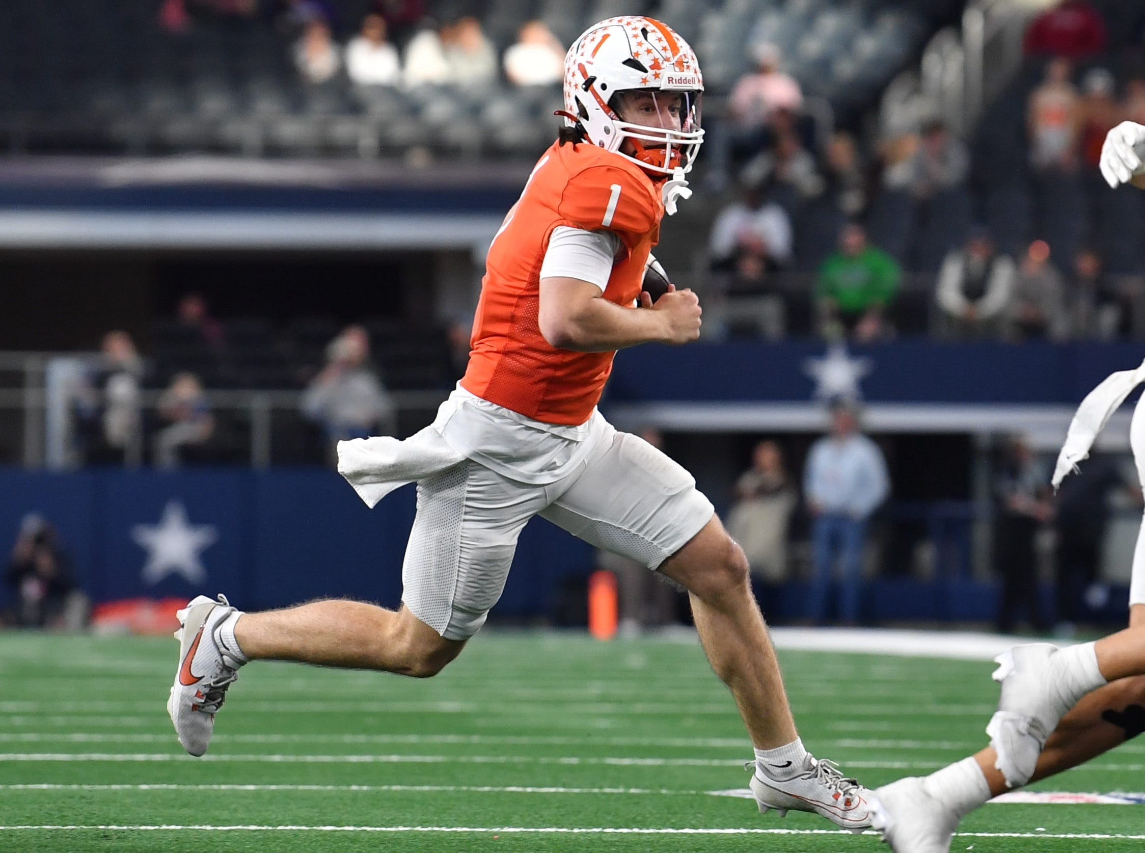 Celina's Bowe Bentley runs the ball during the 4A DI UIL Texas State Football Championship game against Kilgore on Friday, December 20, 2024 at AT&T Stadium in Arlington.