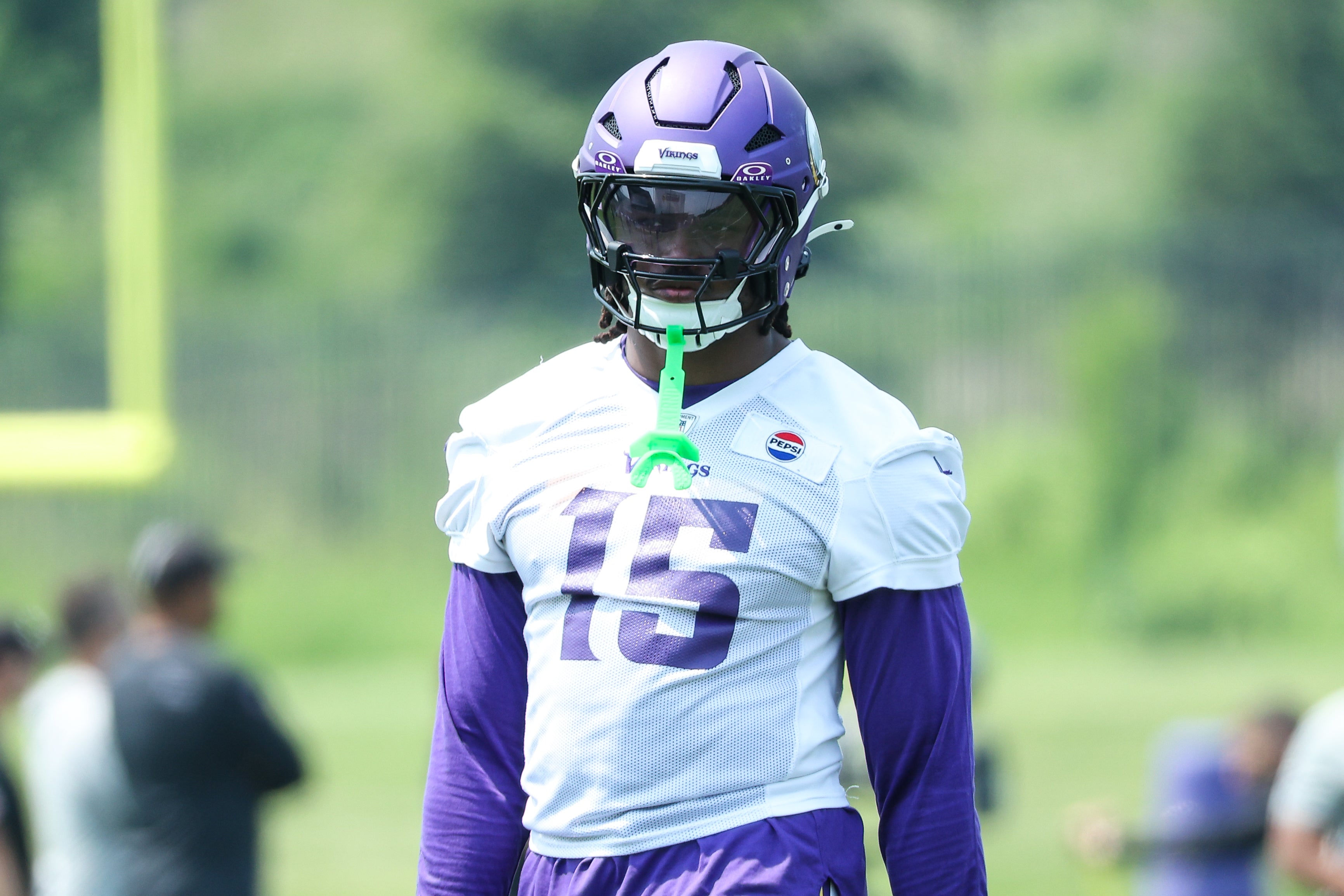 Jun 10, 2025; Minneapolis, MN, USA; Minnesota Vikings linebacker Dallas Turner (15) looks on during minicamp at the Minnesota Vikings Training Facility.