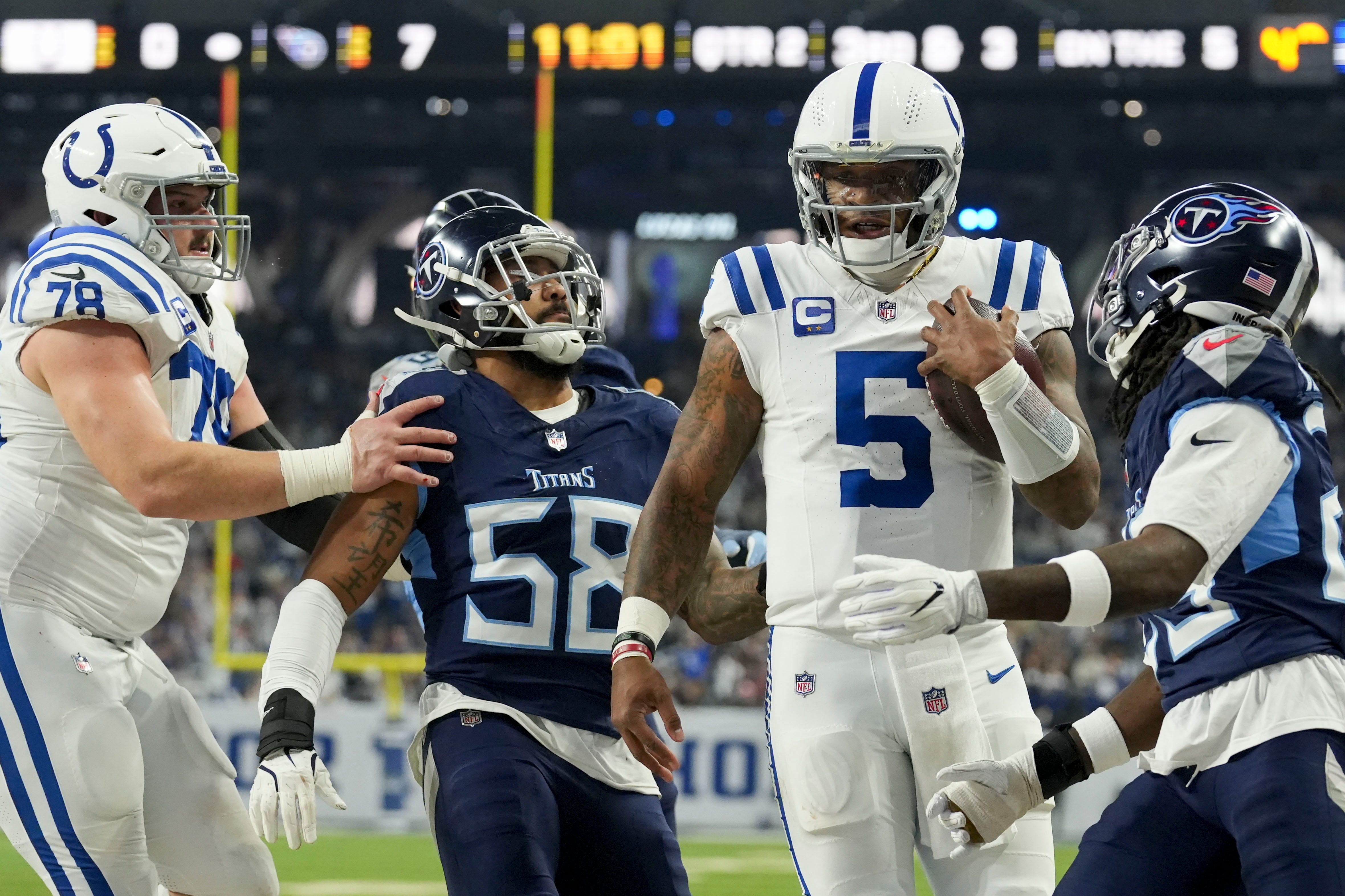 Indianapolis Colts quarterback Anthony Richardson (5) rushes for a touchdown Sunday, Dec. 22, 2024, during a game against the Tennessee Titans at Lucas Oil Stadium in Indianapolis.