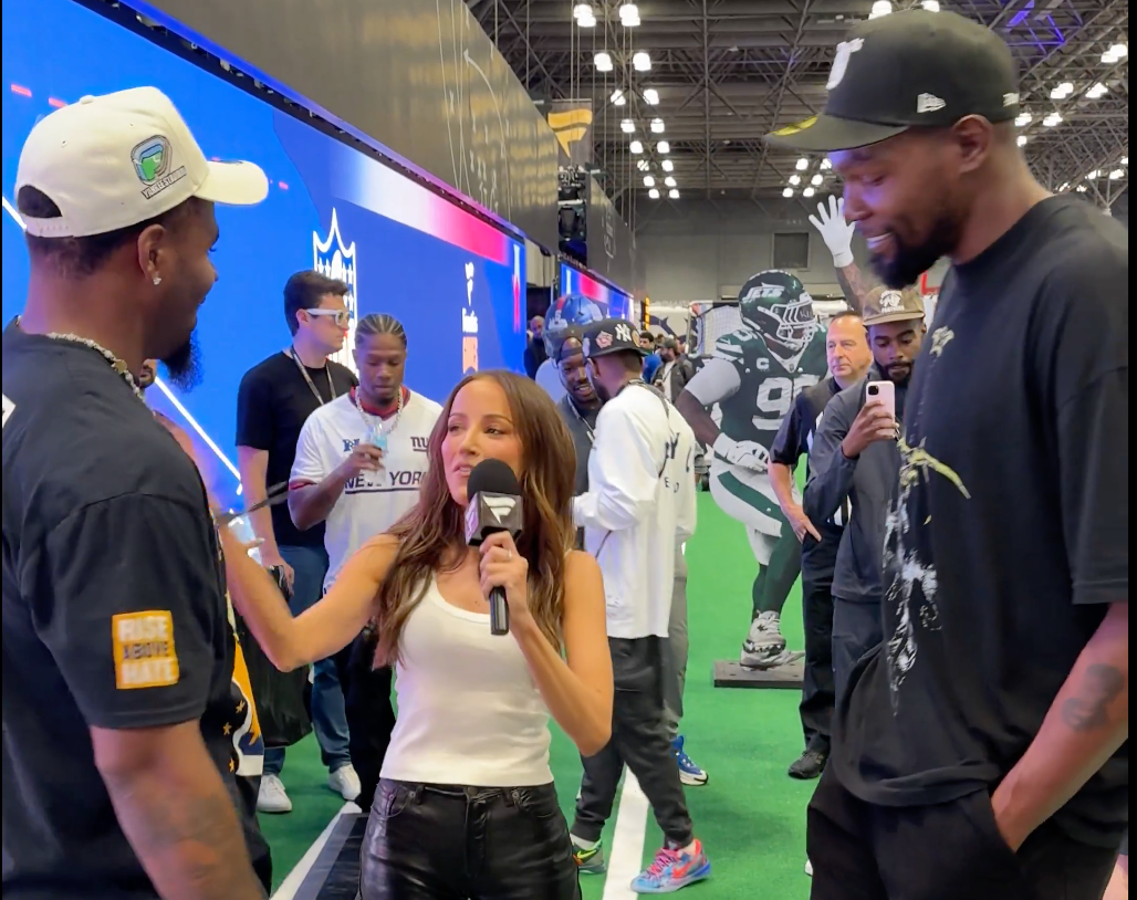 Micah Parsons and Kevin Durant talk with Kay Adams at Fanatics Fest.