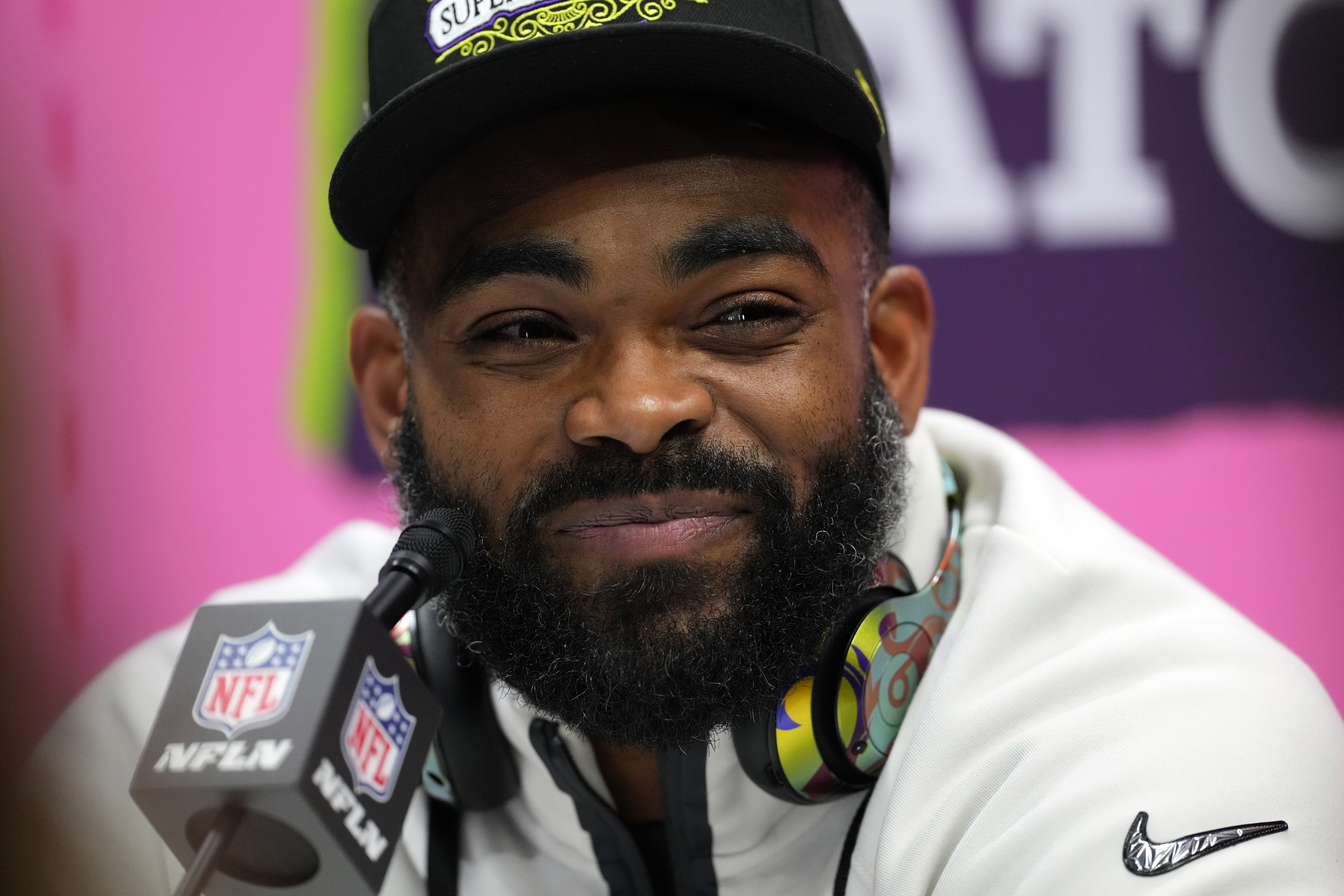 Philadelphia Eagles defensive end Brandon Graham speaks during Super Bowl LIX Opening Night at Ceasars Superdome.