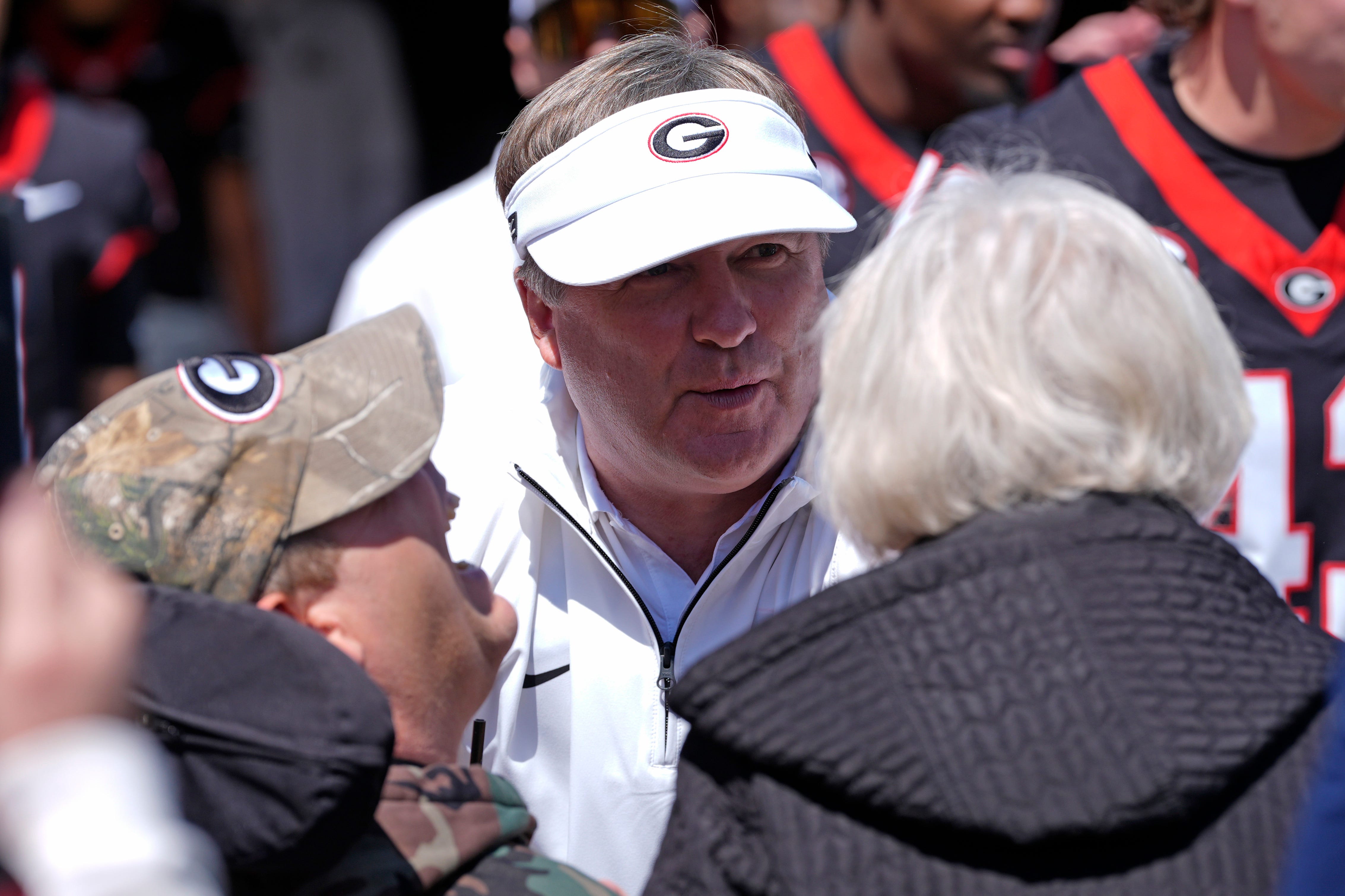 Georgia head coach Kirby Smart speaks with fans before the start of the Georgia G-Day spring football game in Athens, Ga., on Saturday, April 12, 2025