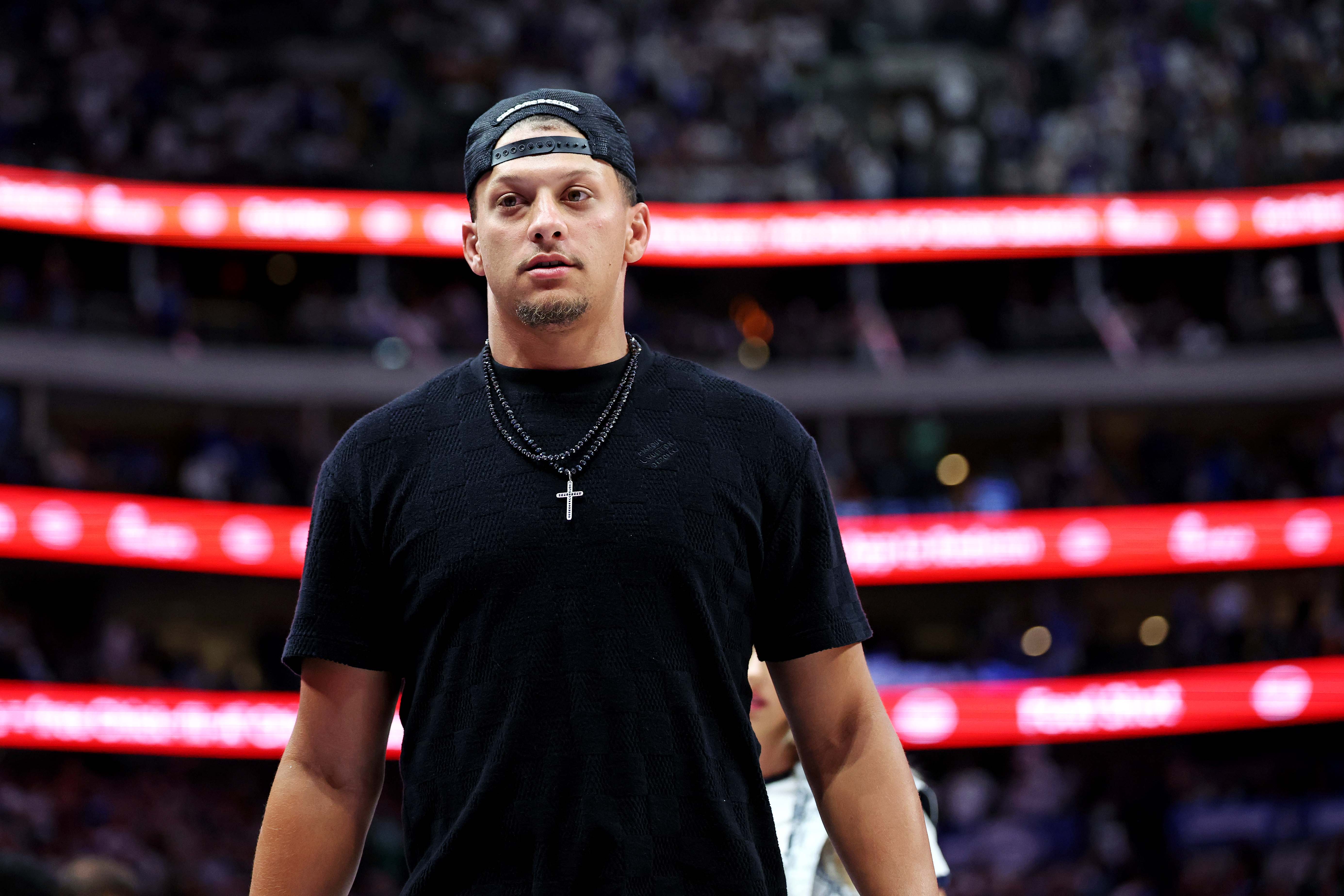 Jun 12, 2024; Dallas, Texas, USA; Kansas City Chiefs quarterback Patrick Mahomes during the fourth quarter during game three of the 2024 NBA Finals between the Boston Celtics and the Dallas Mavericks at American Airlines Center.