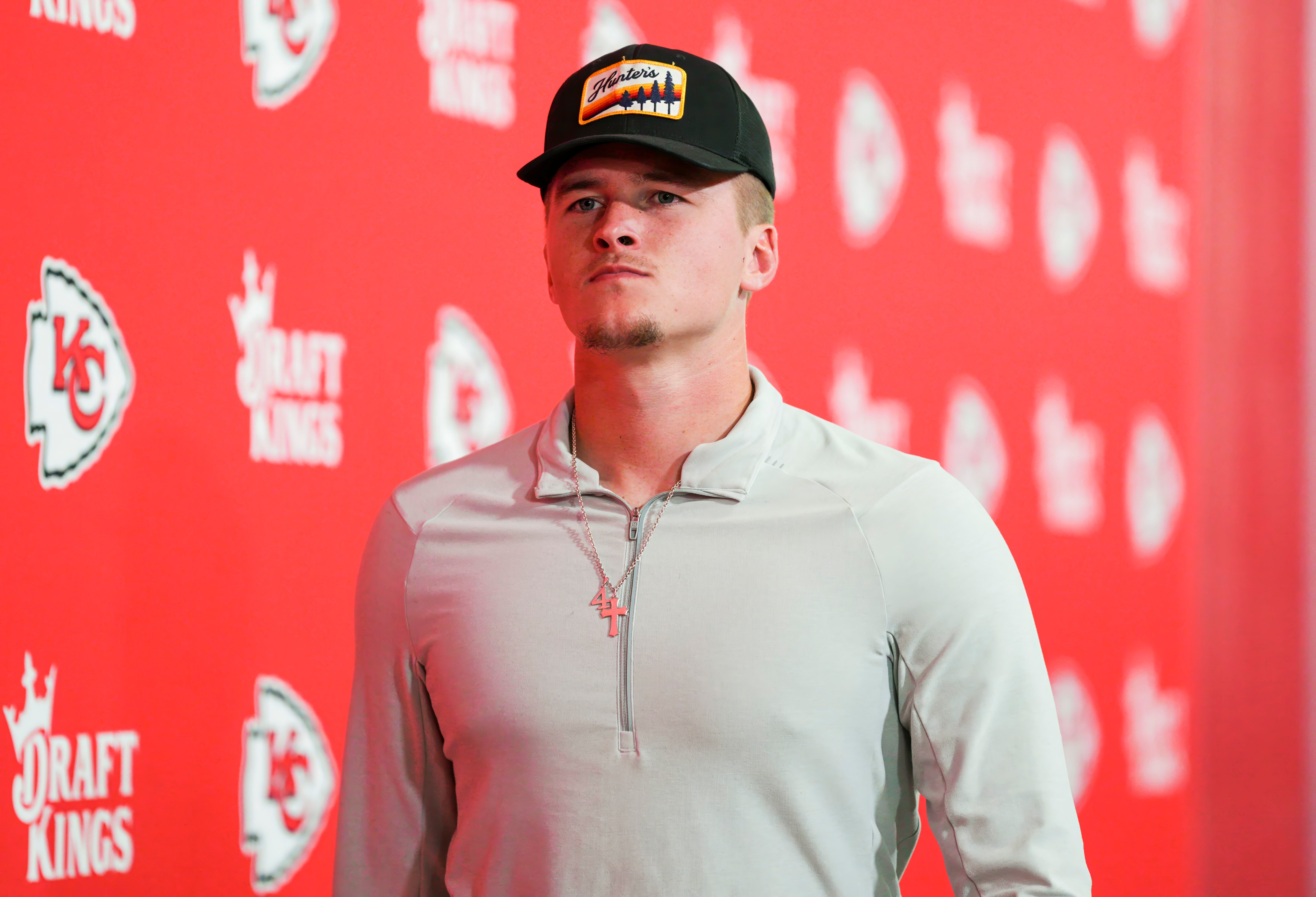 Sep 15, 2024; Kansas City, Missouri, USA; Kansas City Chiefs quarterback Bailey Zappe (19) arrives prior to a game against the Cincinnati Bengals at GEHA Field at Arrowhead Stadium.
