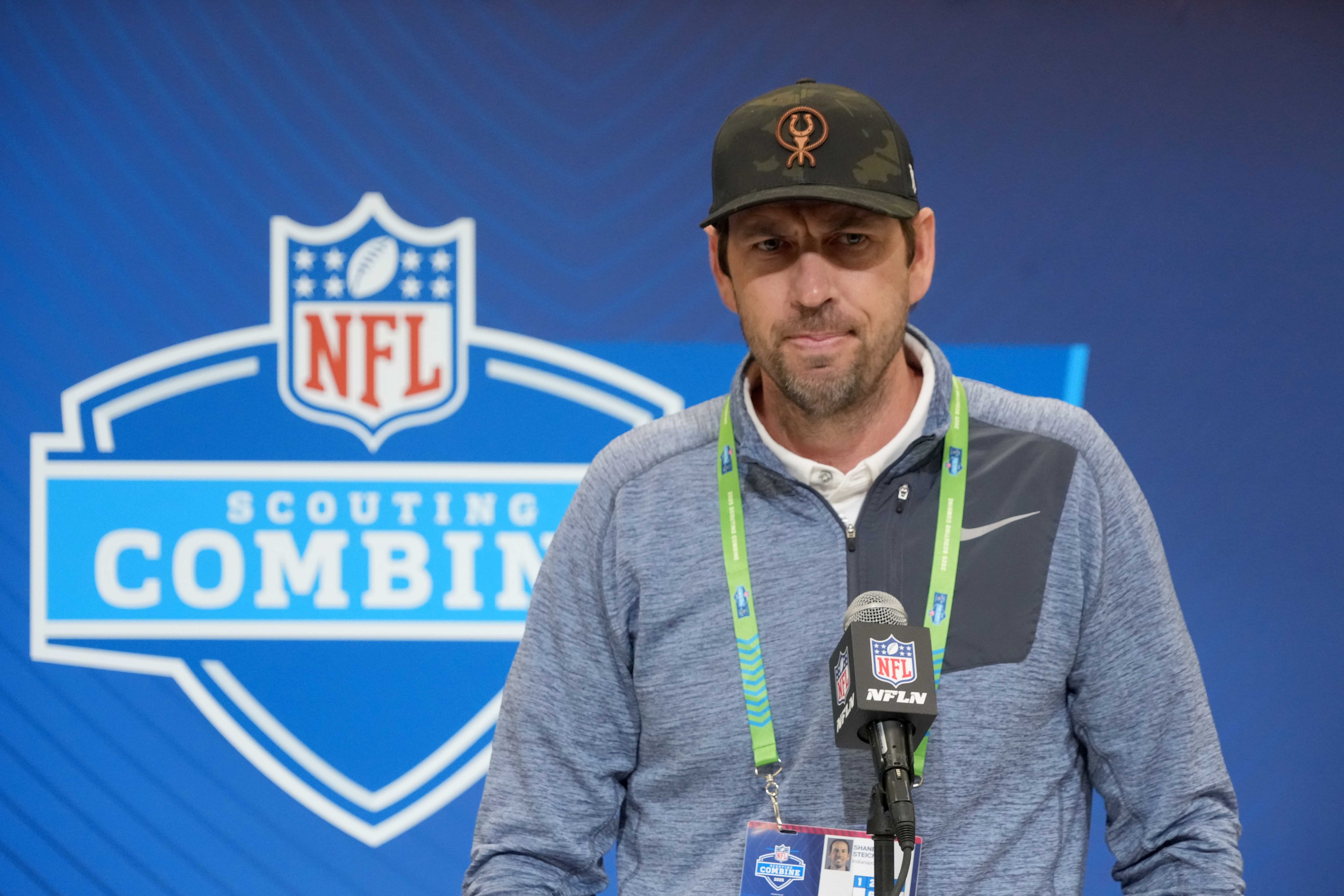 Feb 25, 2025; Indianapolis, IN, USA; Indianapolis Colts coach Shane Steichen speaks during the NFL Scouting Combine at the Indiana Convention Center.
