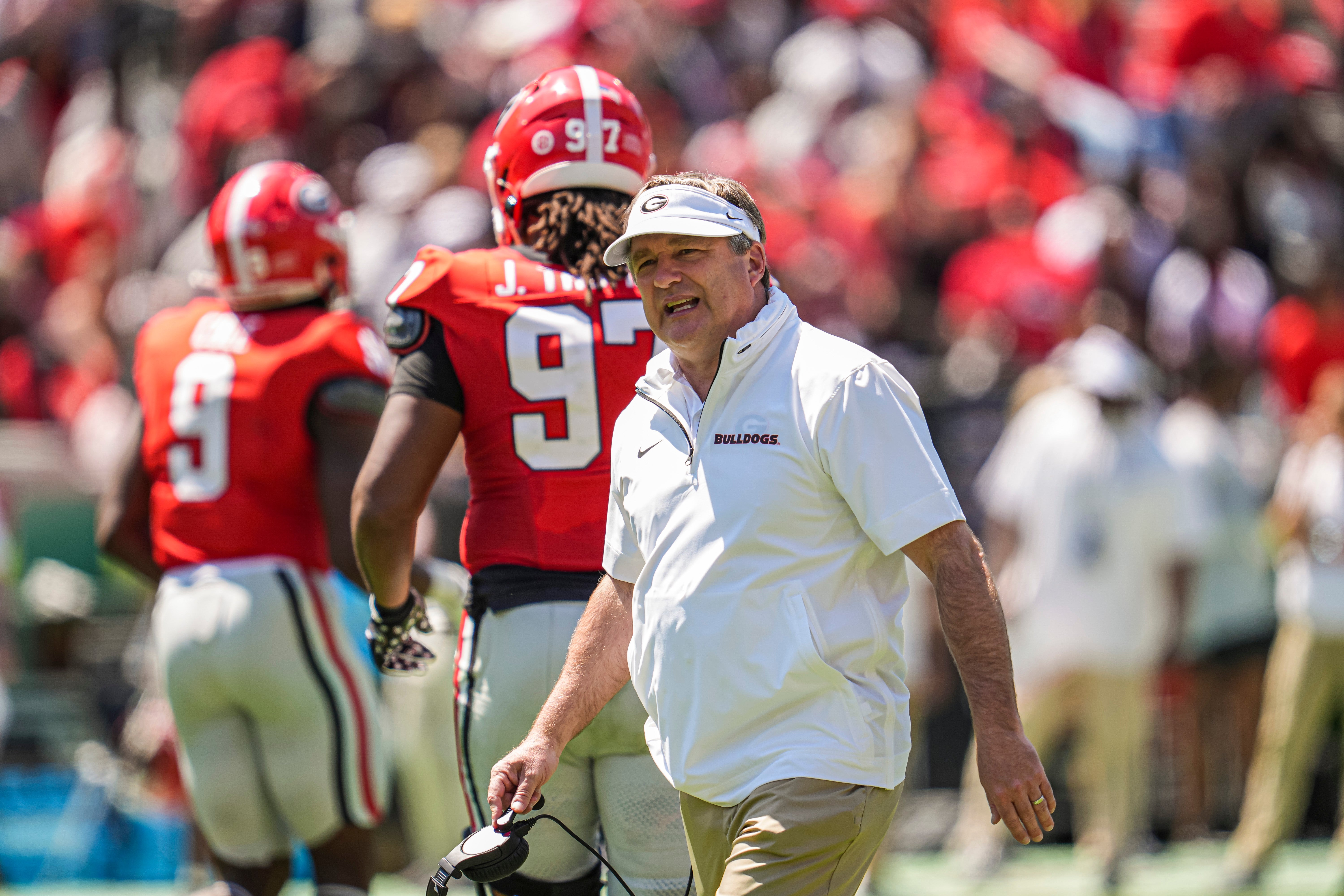 Georgia Bulldogs head coach Kirby Smart shown during the Georgia Spring game at Sanford Stadium.