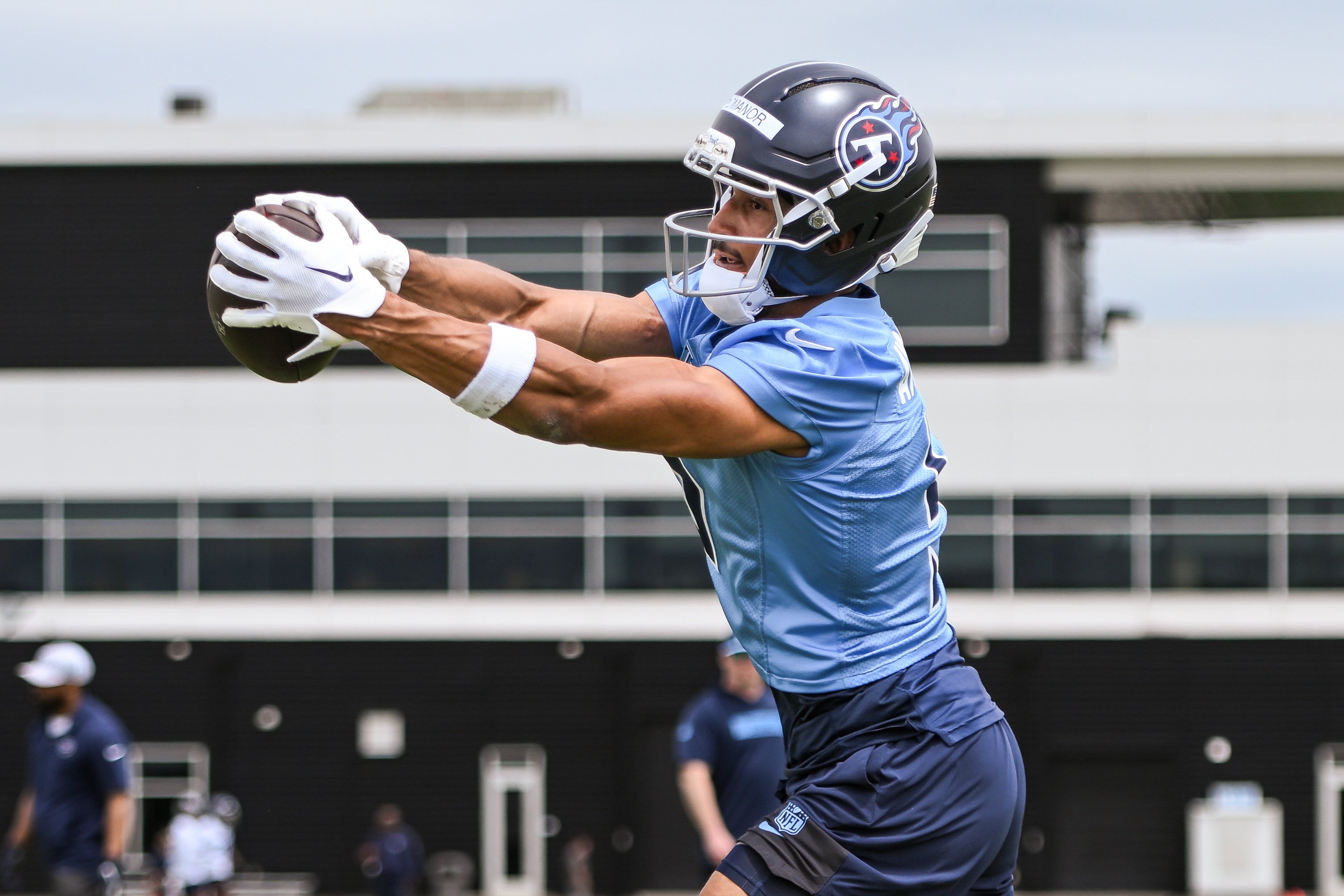 May 10, 2025; Nashville, TN, USA; Tennessee Titans wider receiver Elic Ayomanor (5) makes a catch as he goes through drills during Rookie Mini Camp at Saint Thomas Sports Park. Mandatory Credit: Steve Roberts-Imagn Images