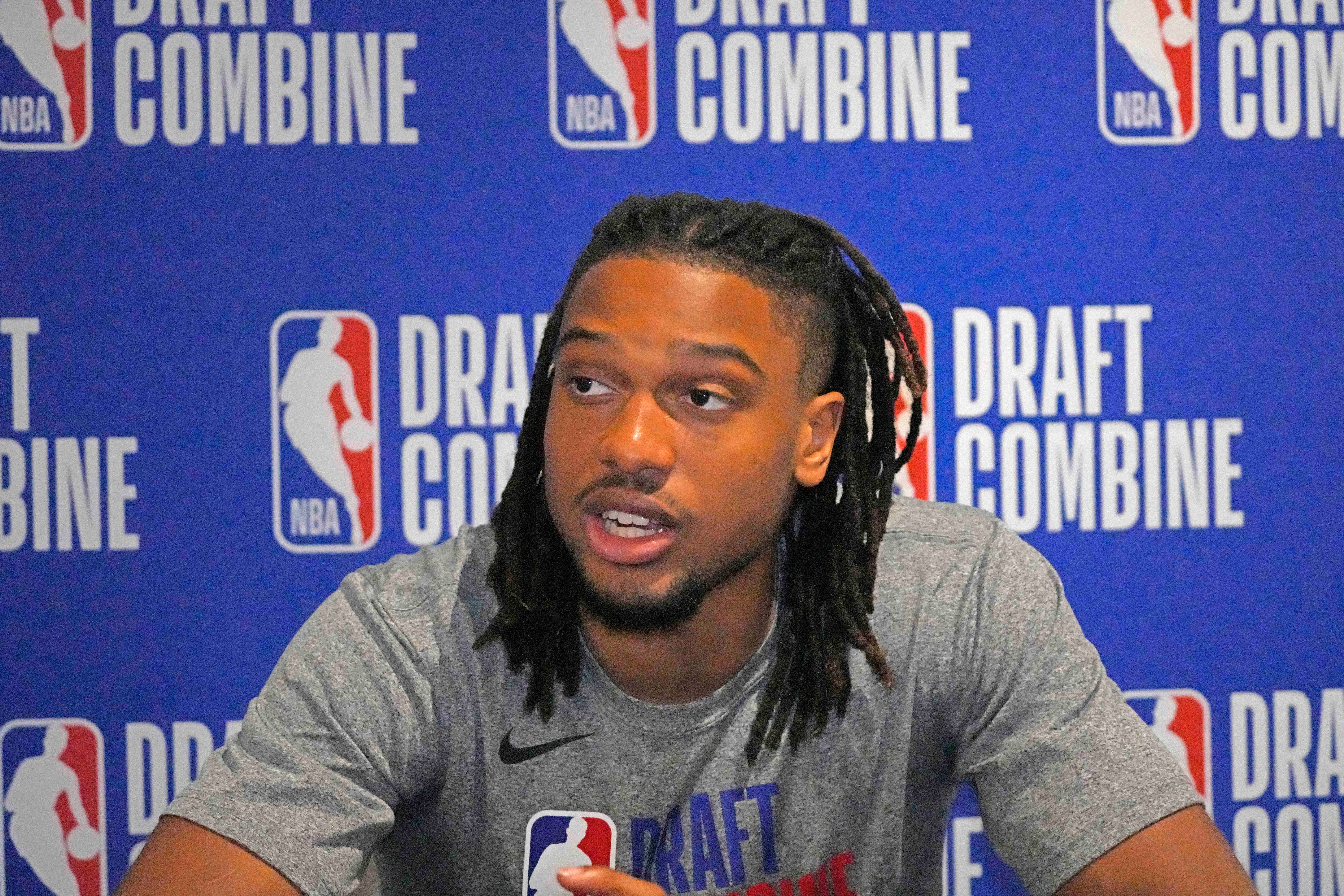 May 14, 2025; Chicago, Il, USA; Chaz Lanier talks to the media during the 2025 NBA Draft Combine at Marriott Marquis Chicago.