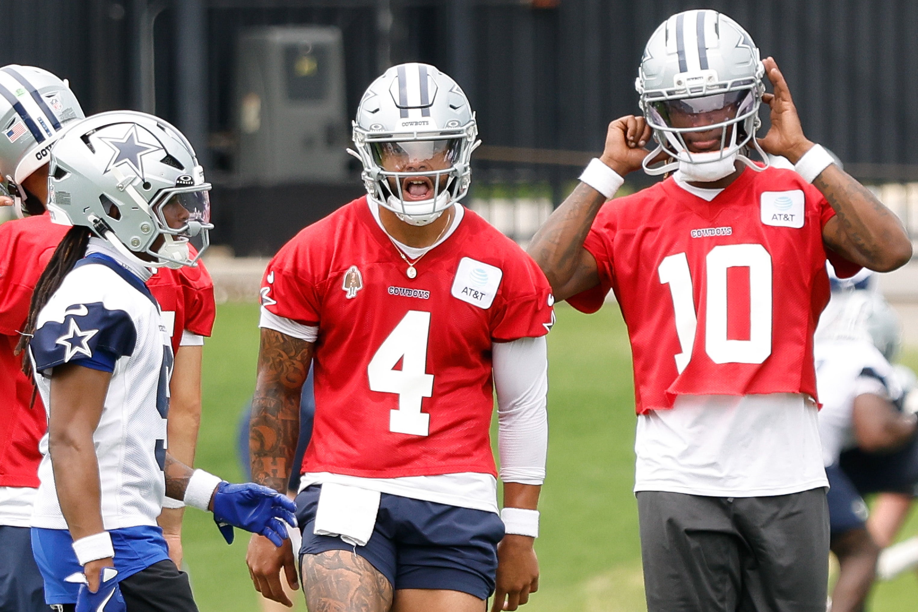 Dallas Cowboys quarterback Dak Prescott (4) reacts during a practice drill at the Ford Center at the Star Training Facility in Frisco, Texas.