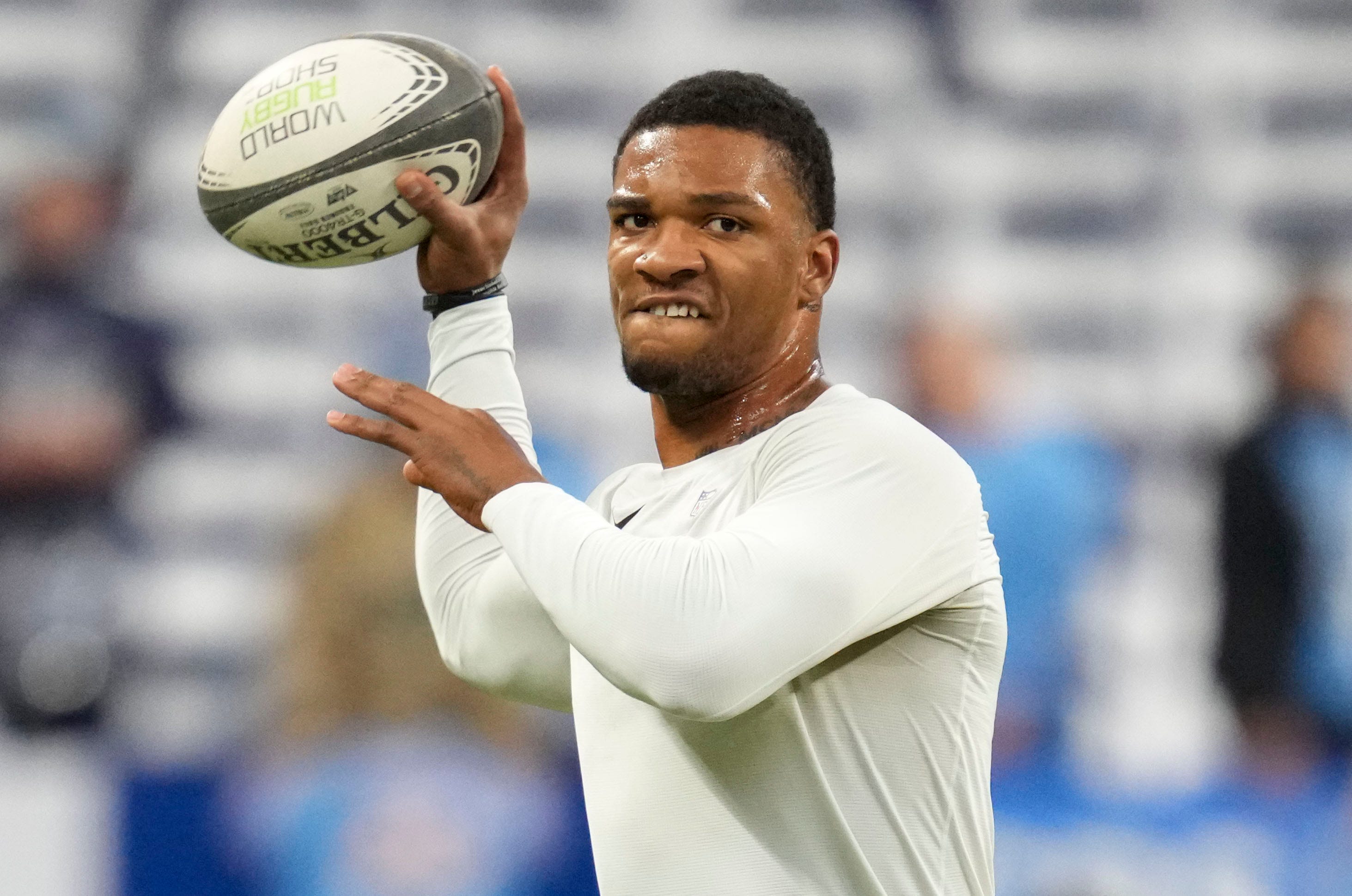 Indianapolis Colts quarterback Anthony Richardson (5) warms up before an Indianapolis Colts game against the Tennessee Titans