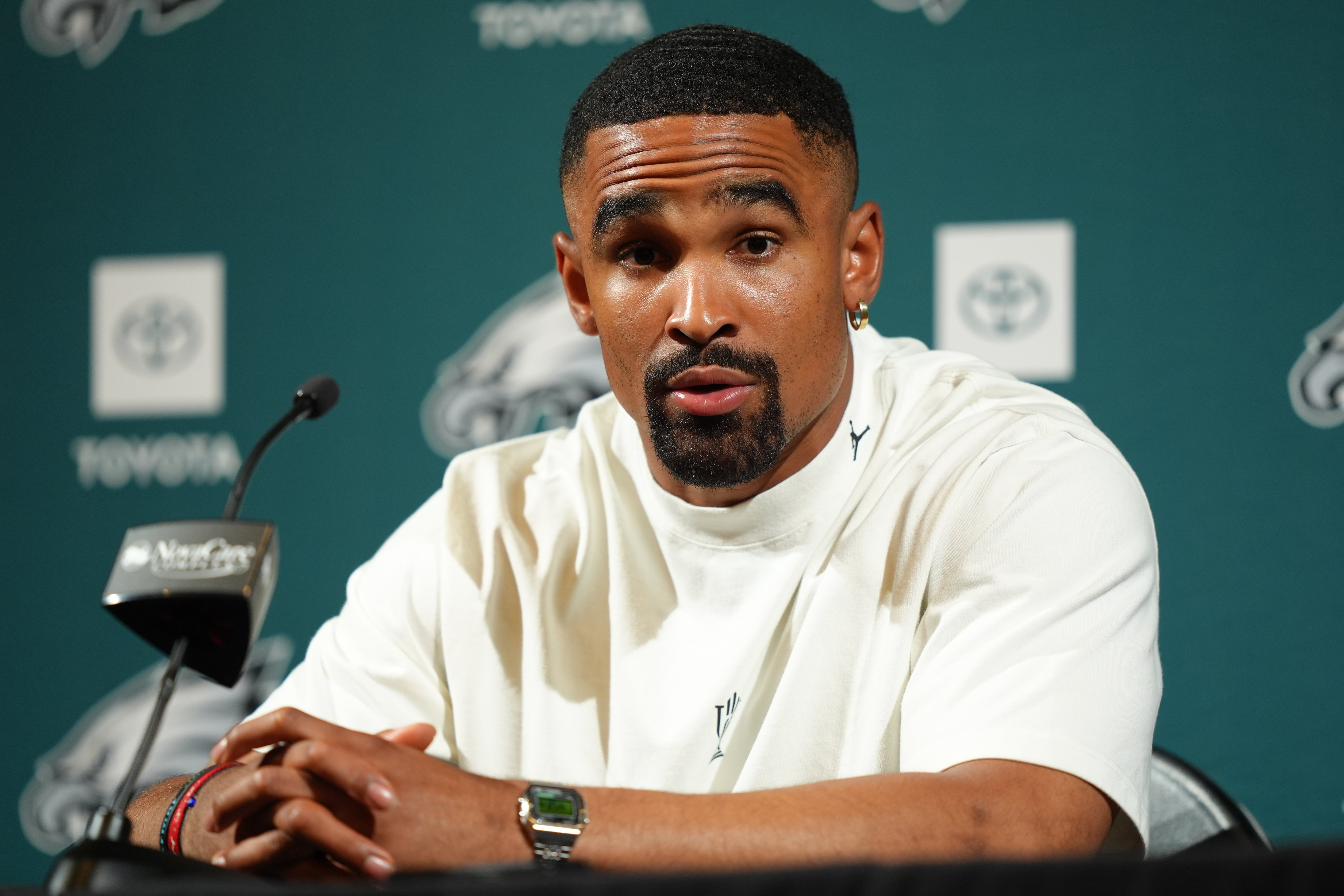 Philadelphia Eagles quarterback Jalen Hurts (1) addresses media during a press conference at NovaCare Complex.