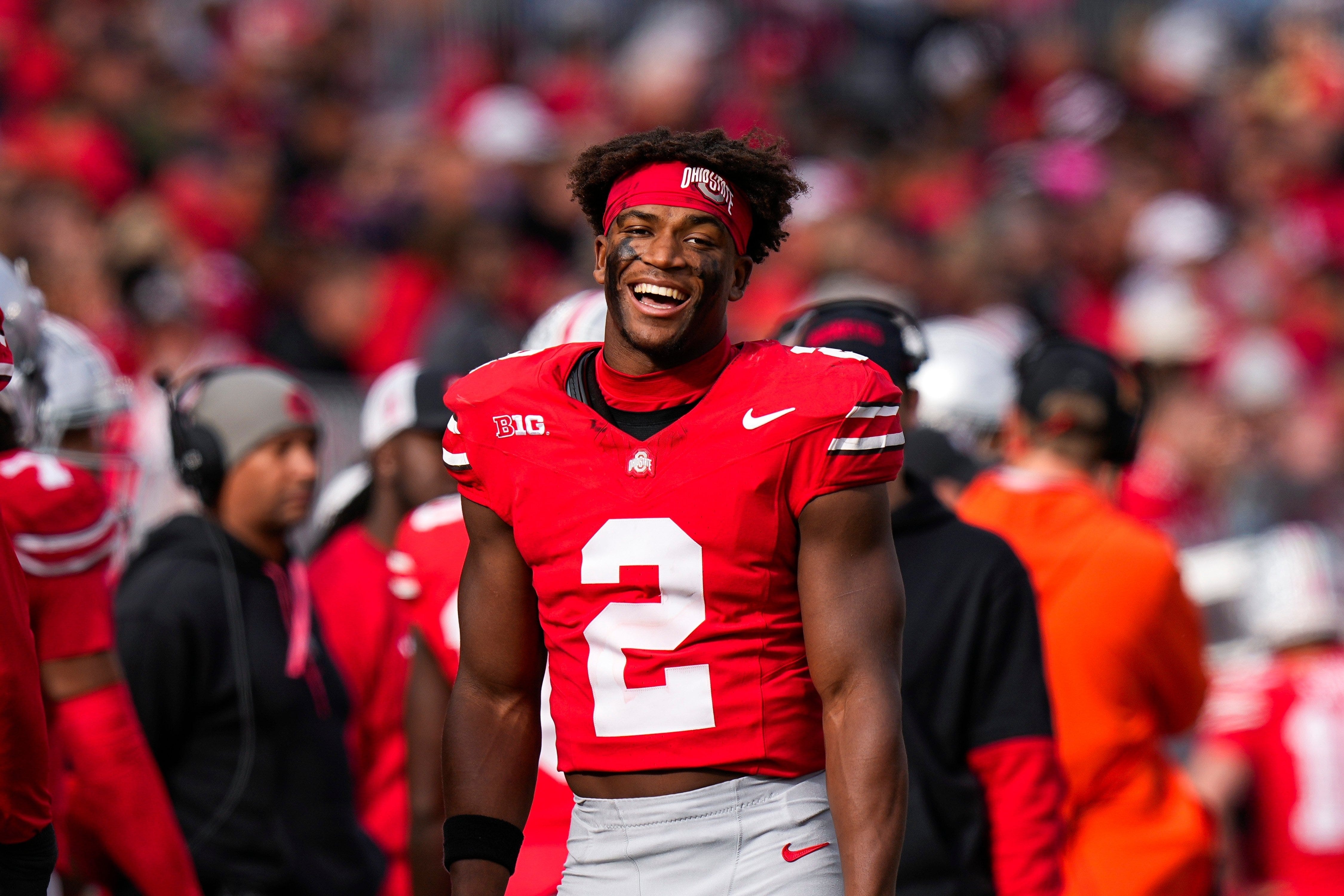 Ohio State safety Caleb Downs smiles during a game against Purdue.