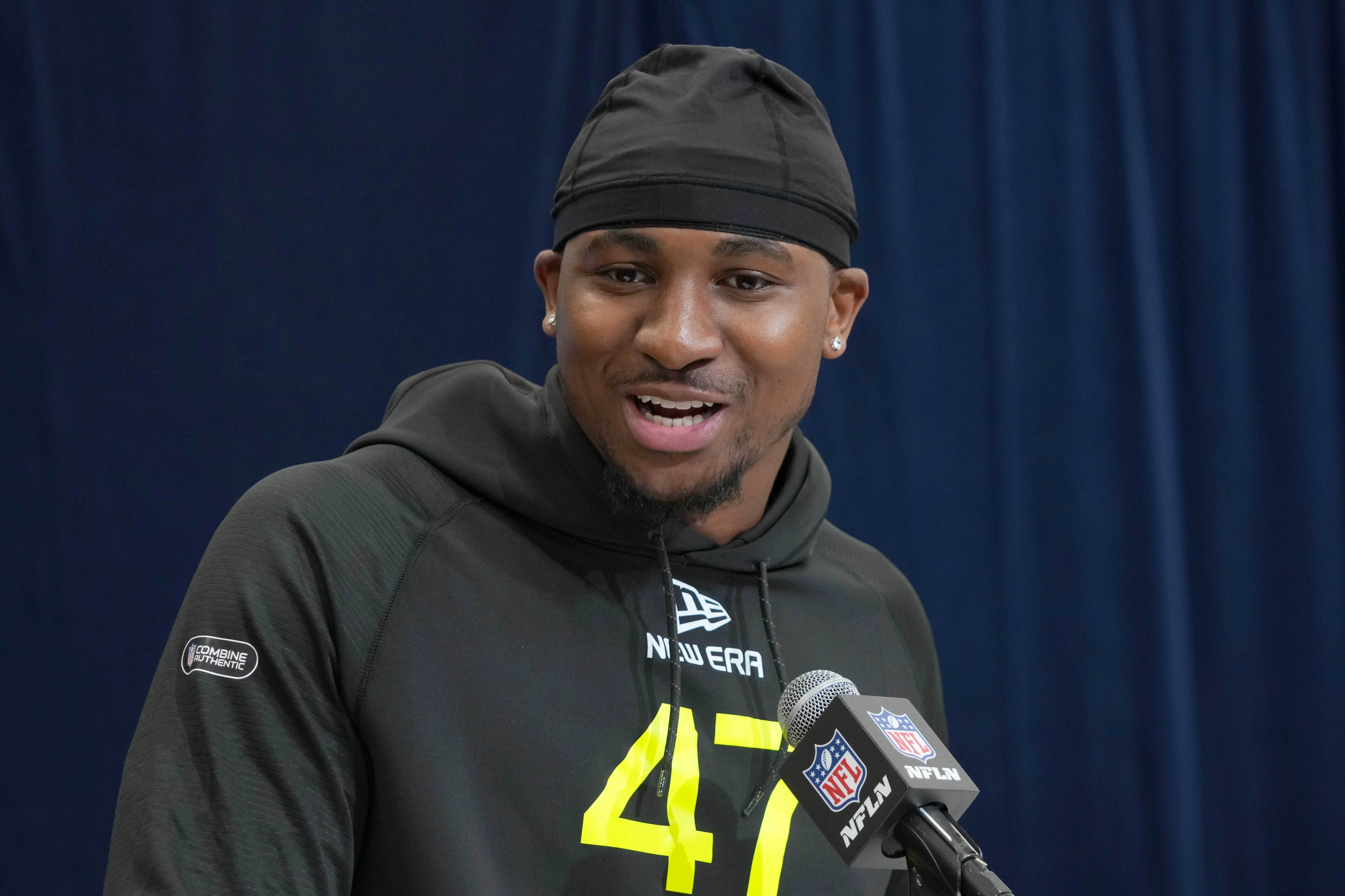 Boston College defensive lineman Donovan Ezeiruaku (DL47) during the 2025 NFL Scouting Combine at the Indiana Convention Center.