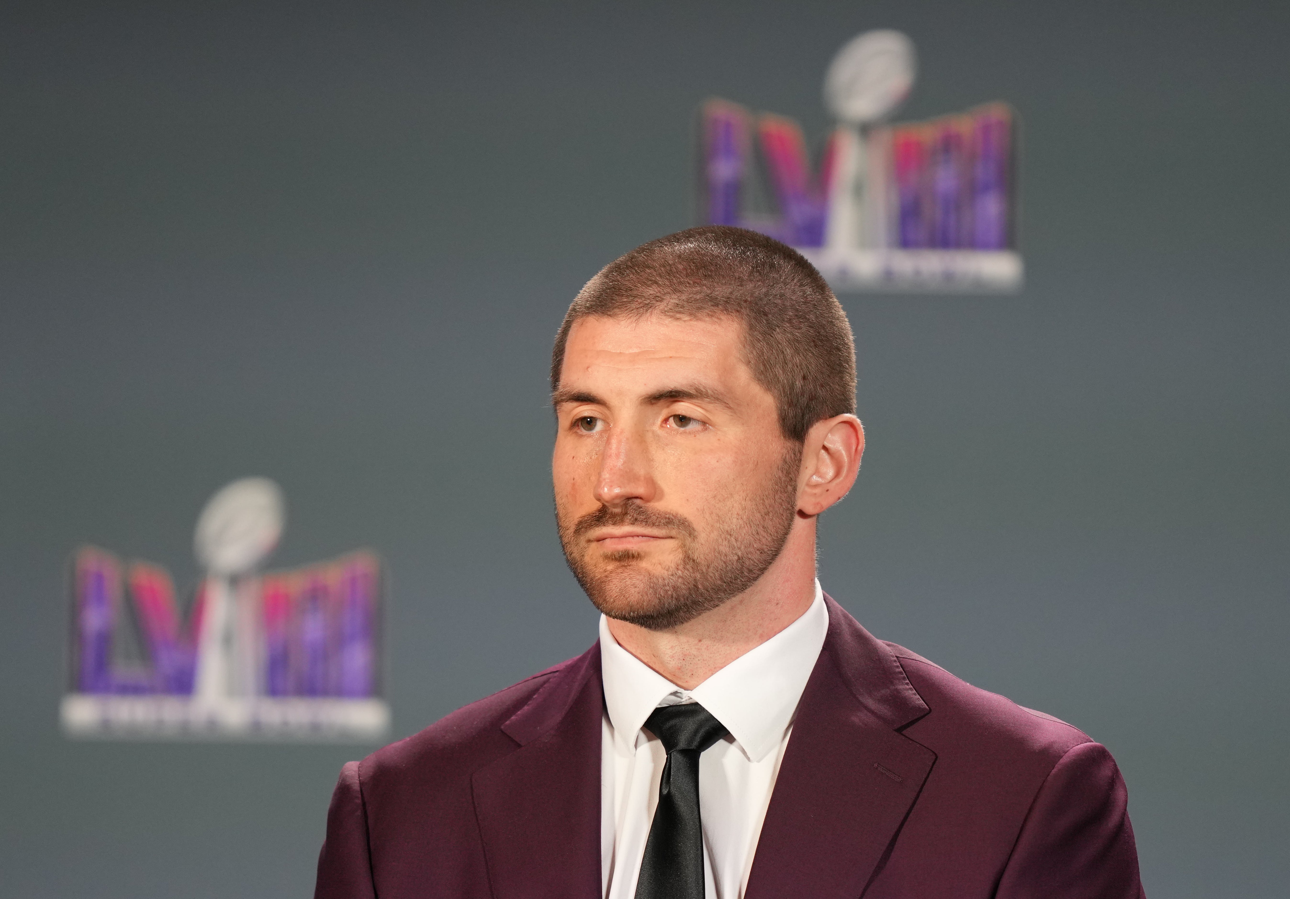 NFLPA president JC Tretter at the NFLPA Press Conference at the Mandalay Bay Convention Center prior to Super Bowl LVIII.