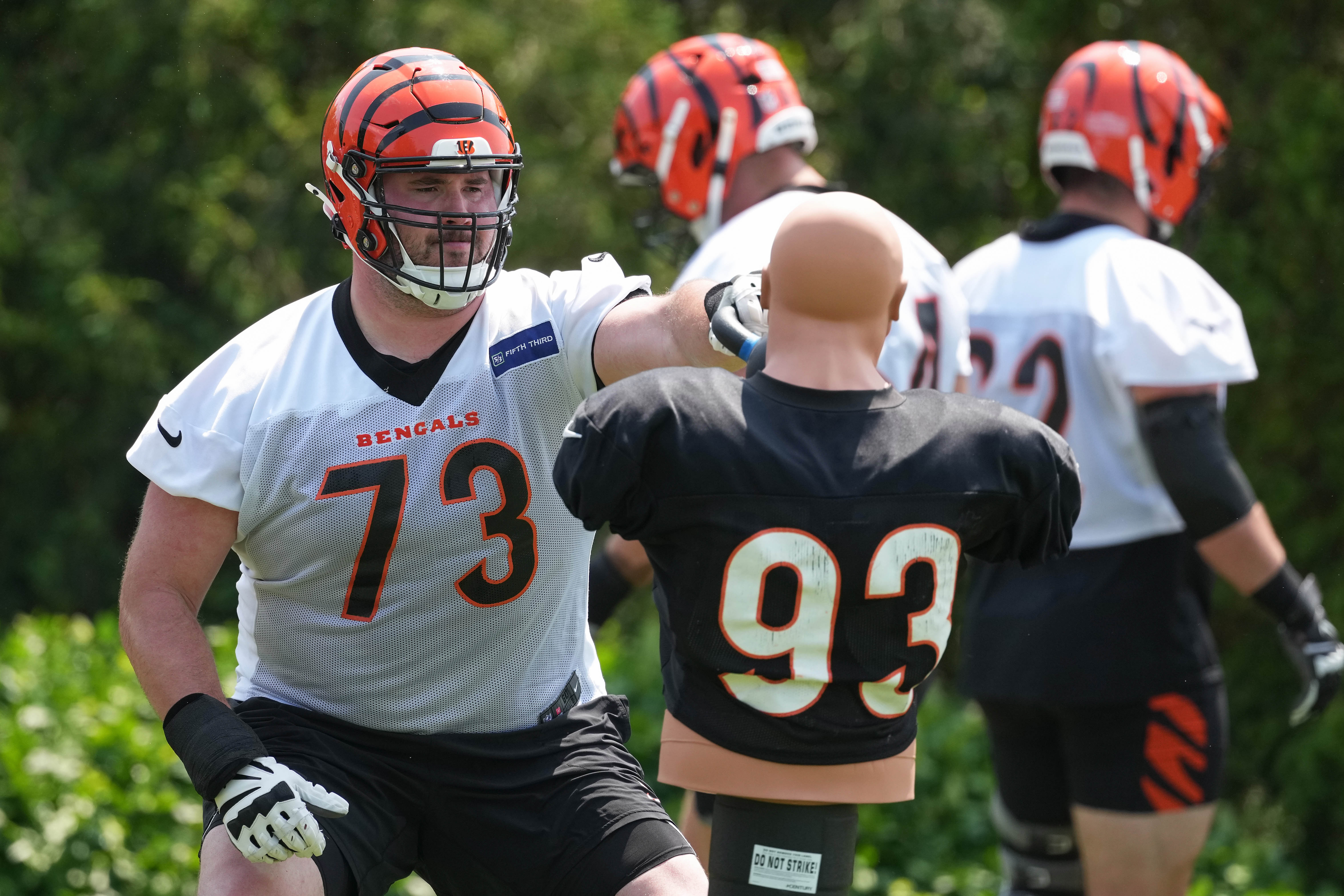 Jun 10, 2025; Cincinnati, OH, USA; Cincinnati Bengals offensive tackle Andrew Stueber (73) participates in practice at Paycor Stadium.
