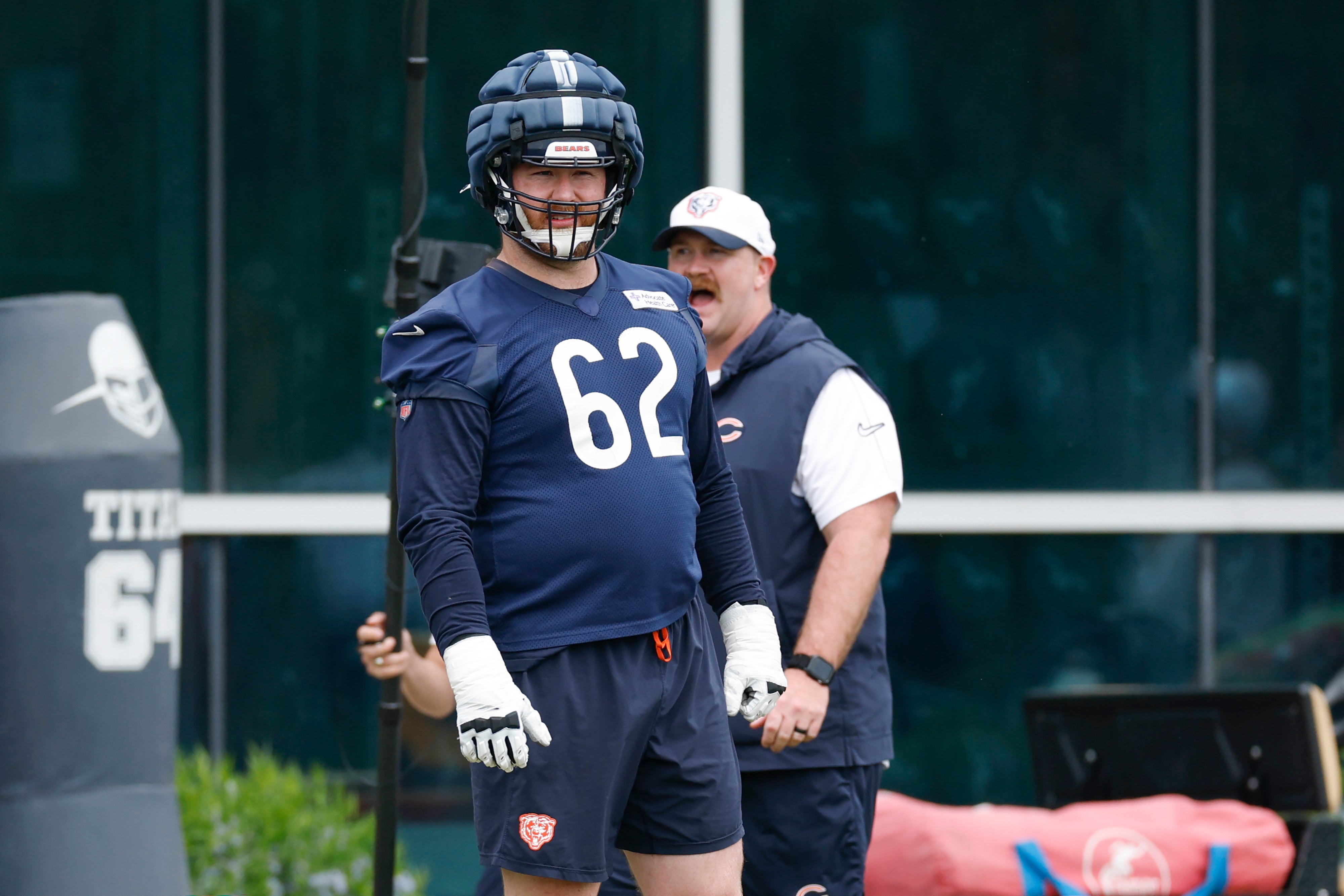 Jun 3, 2025; Lake Forest, IL, USA; Chicago Bears guard Joe Thuney (62) looks on during minicamp at Halas Hall.