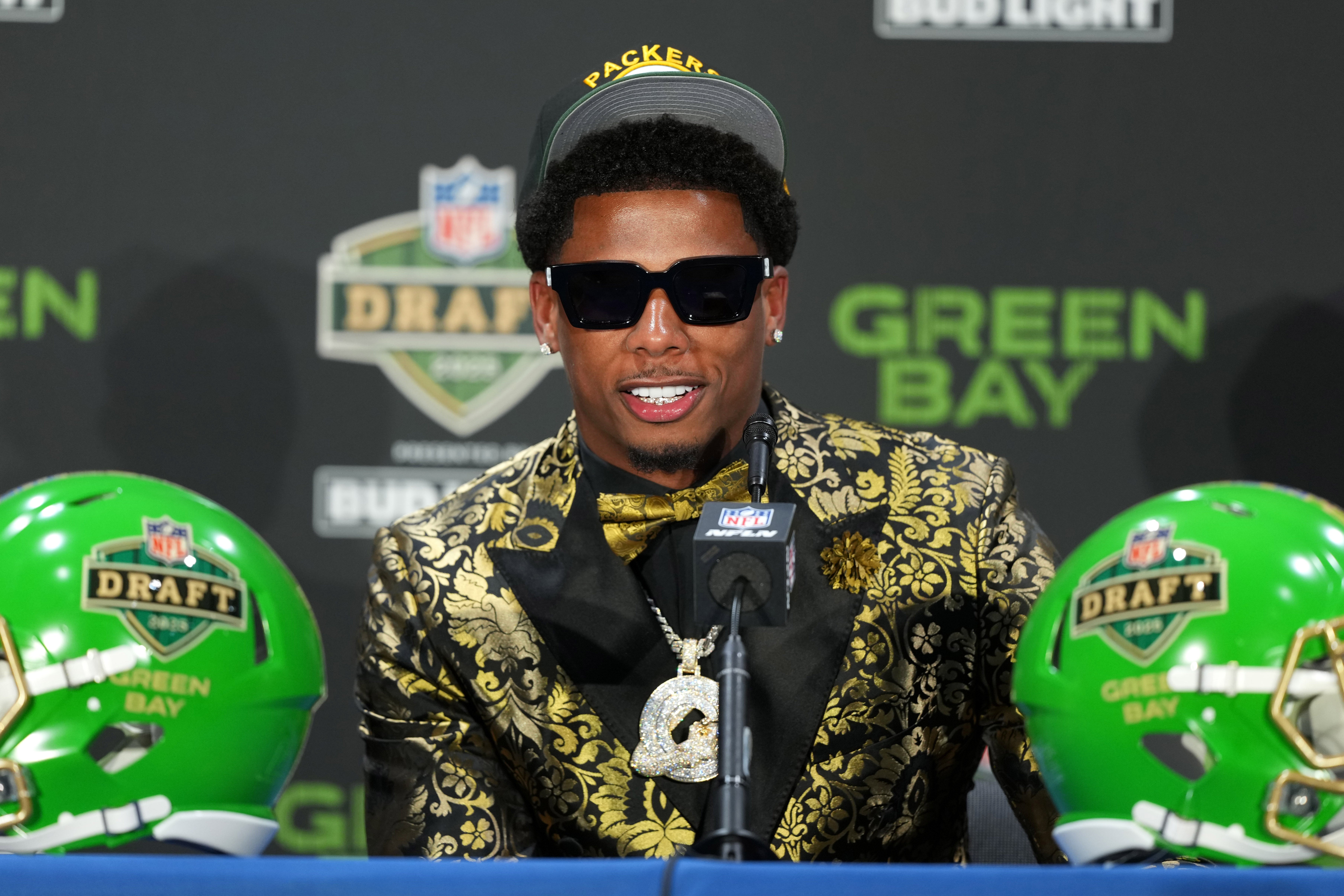 Matthew Golden speaks in a press conference after being selected by the Green Bay Packers as the number 23 pick in the first round of the 2025 NFL Draft at Lambeau Field.
