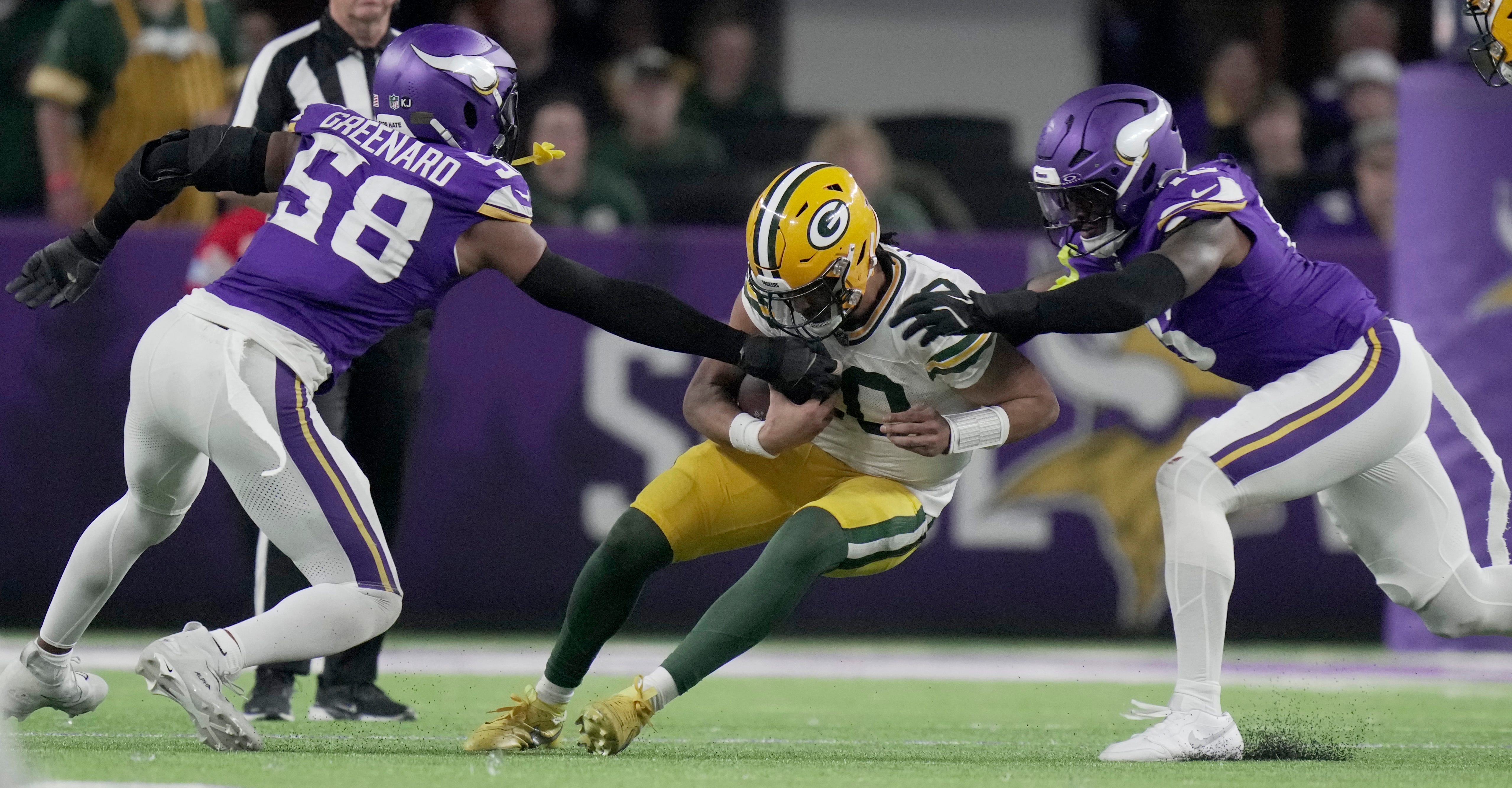 Green Bay Packers quarterback Jordan Love (10) is sacked by Minnesota Vikings linebacker Jonathan Greenard (58) during the fourth quarter of their game Sunday, December 29, 2024 at U.S. Bank Stadium in Minneapolis, Minnesota. The Minnesota Vikings beat the Green Bay Packers 27-25.