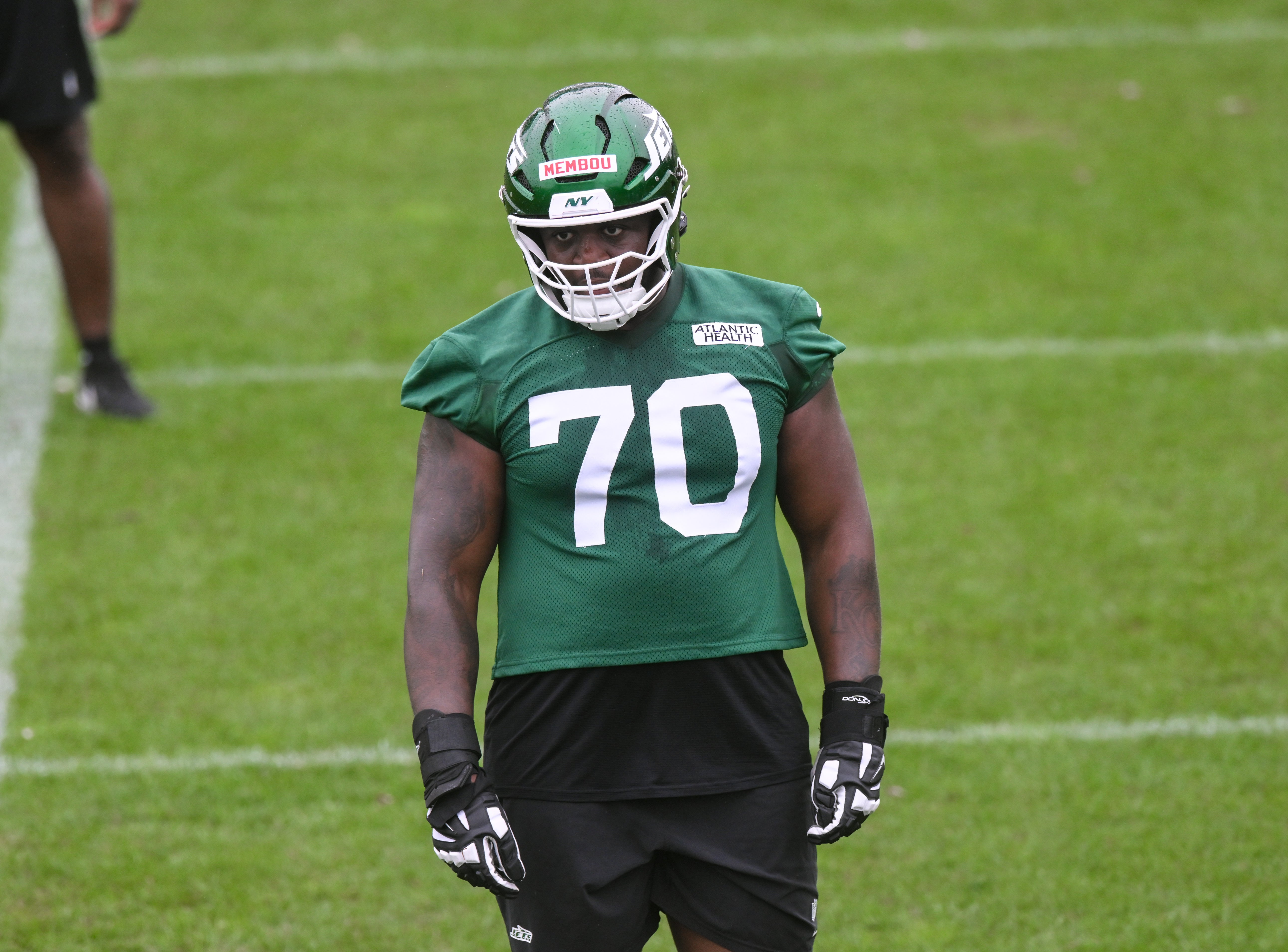 New York Jets offensive tackle Armand Membou (70) looks on during minicamp at Atlantic Health Jets Training Center.