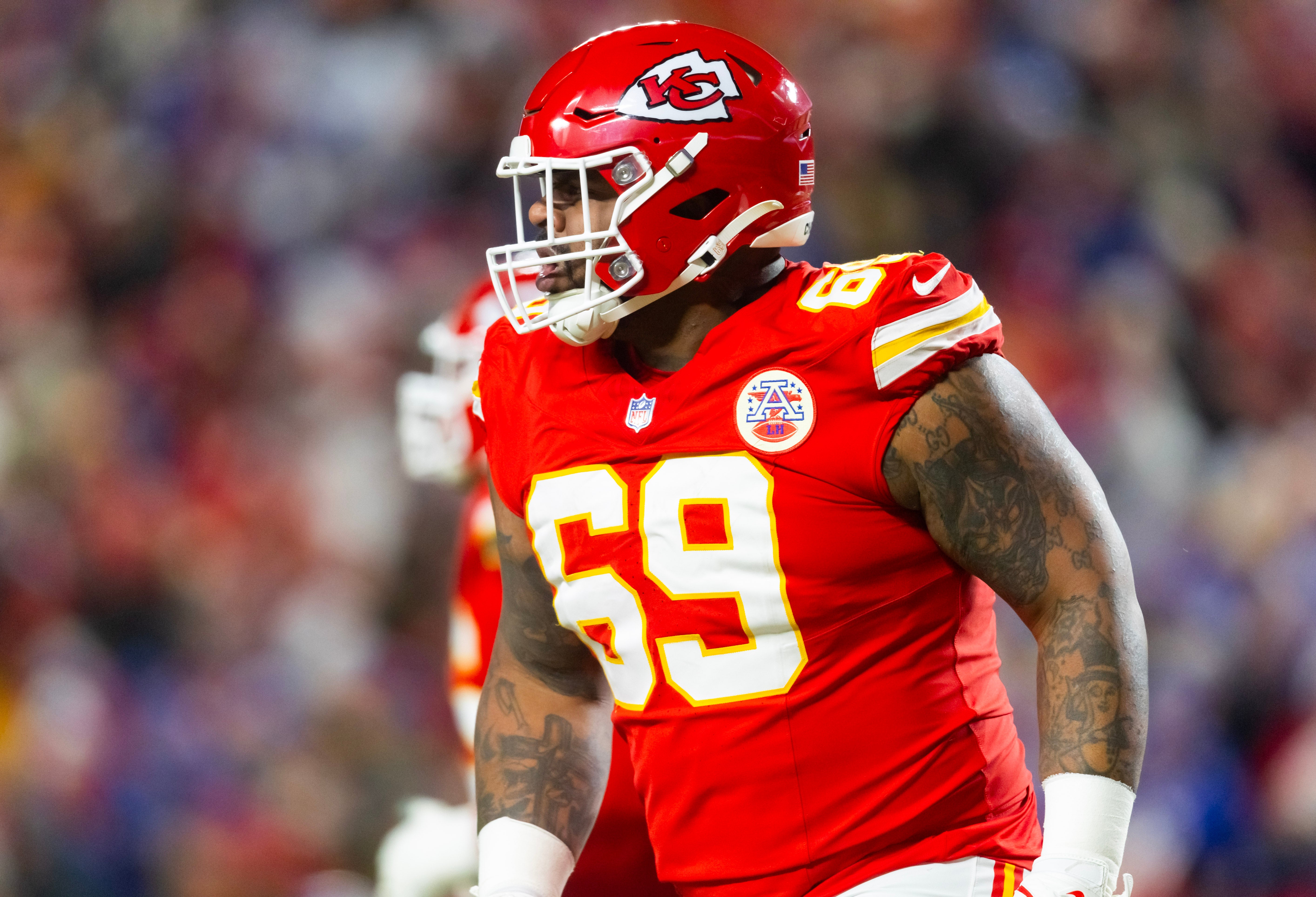 Jan 26, 2025; Kansas City, MO, USA; Kansas City Chiefs defensive tackle Mike Pennel Jr. (69) against the Buffalo Bills in the AFC Championship game at GEHA Field at Arrowhead Stadium.