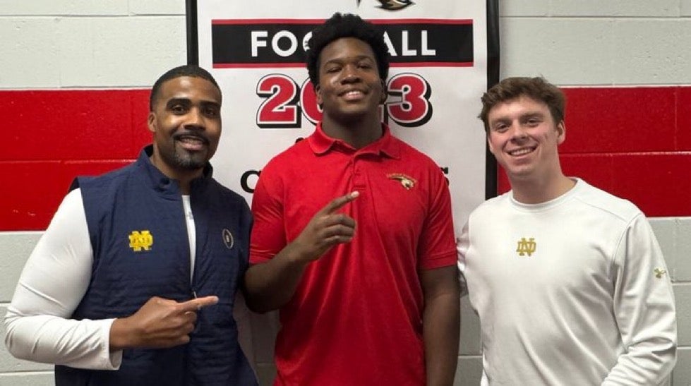 2026 Notre Dame DL target Elijah Golden with assistant coach Al Washington and director of recruiting Carter Auman