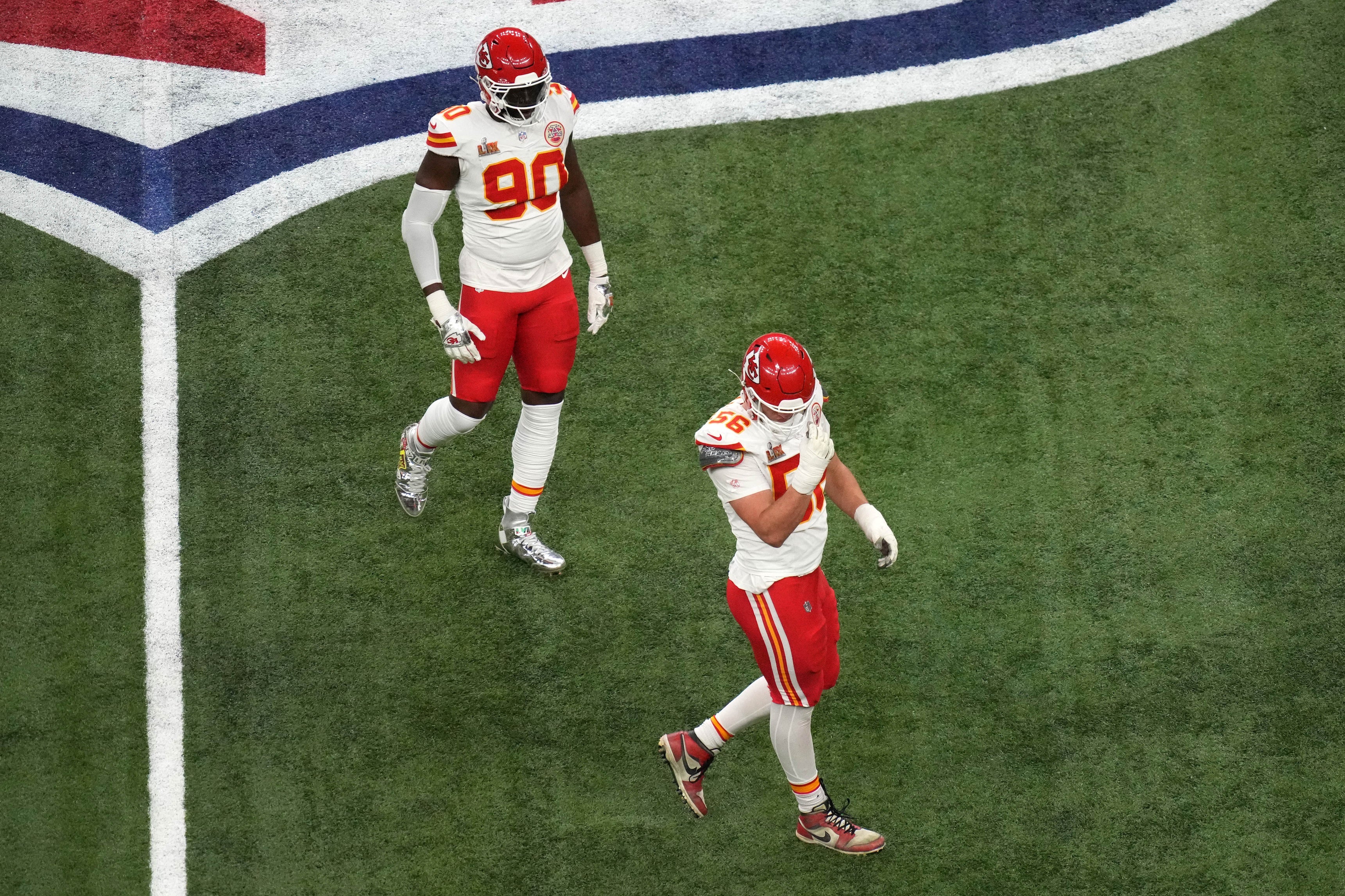 Feb 9, 2025; New Orleans, LA, USA; Kansas City Chiefs defensive end George Karlaftis (56) reacts after a play against the Philadelphia Eagles during the second quarter in Super Bowl LIX at Caesars Superdome.