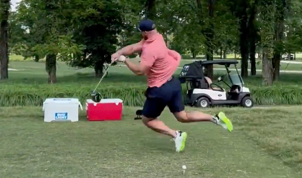 Browns TE Brenden Bates attempting the Happy Gilmore swing