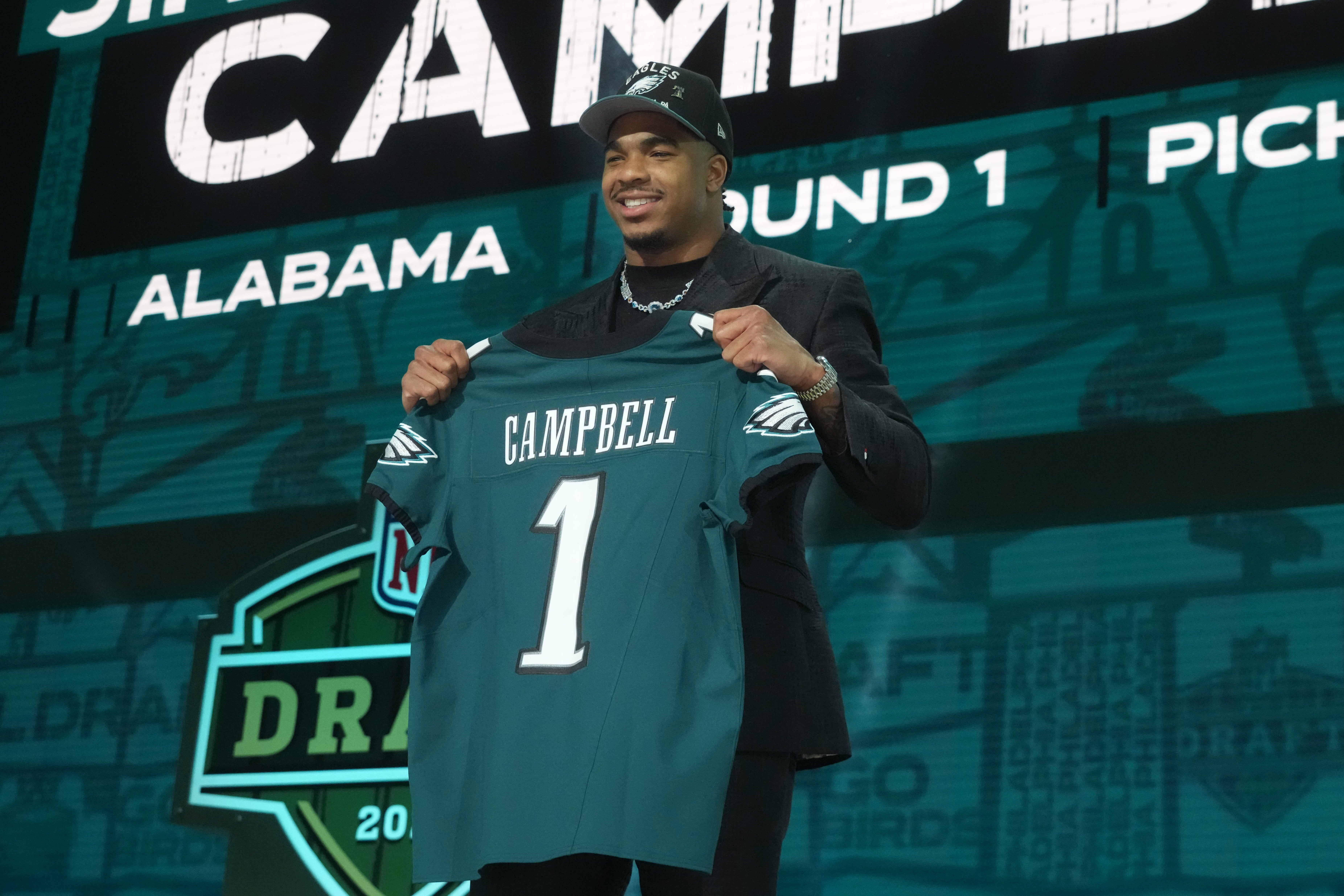 Alabama Crimson Tide linebacker Jihaad Campbell is selected by the Philadelphia Eagles as the number 31 pick in the first round of the 2025 NFL Draft at Lambeau Field.
