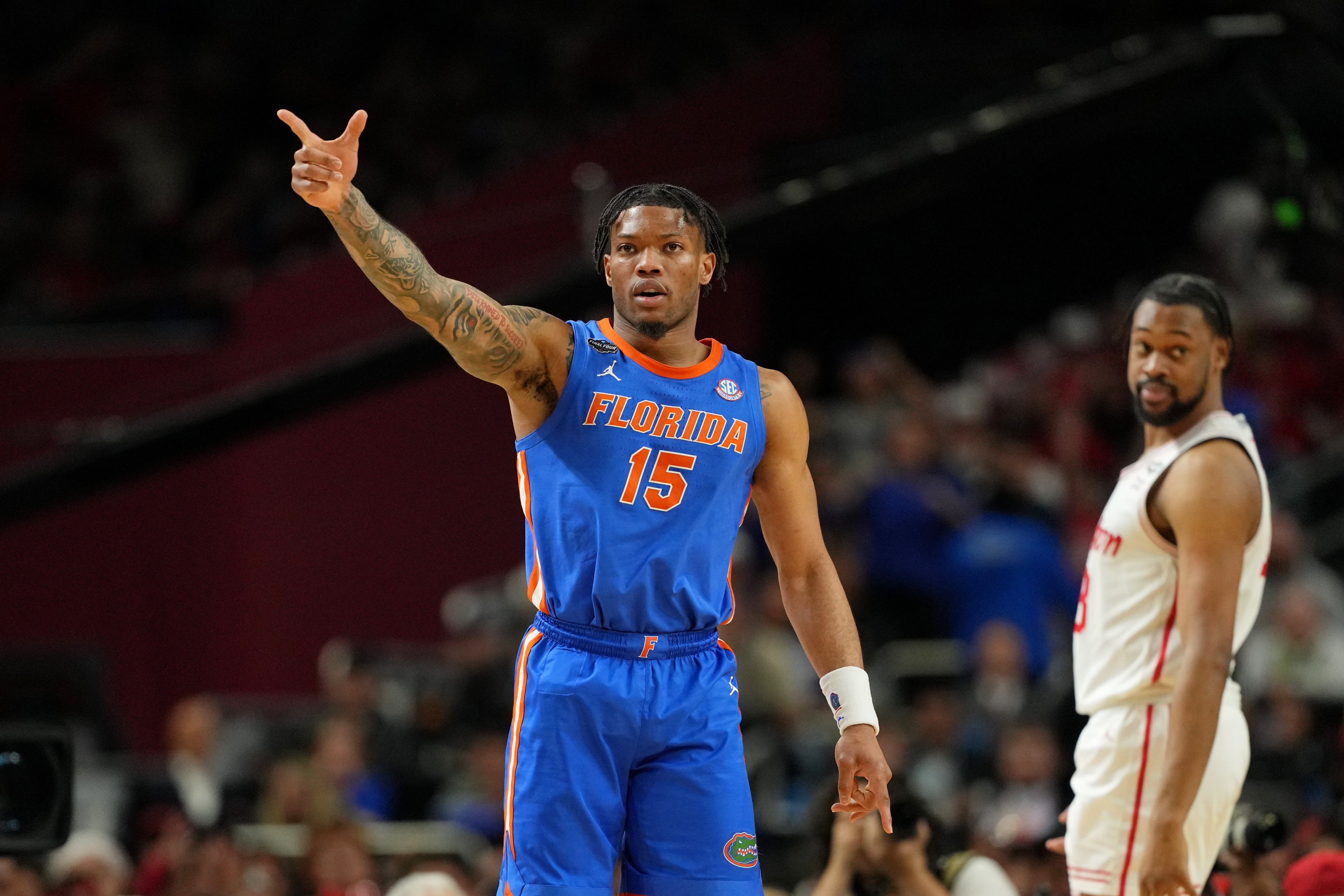 Apr 7, 2025; San Antonio, TX, USA; Florida Gators guard Alijah Martin (15) reacts after a play against the Houston Cougars during the second half of the national championship game of the Final Four of the 2025 NCAA Tournament at the Alamodome.