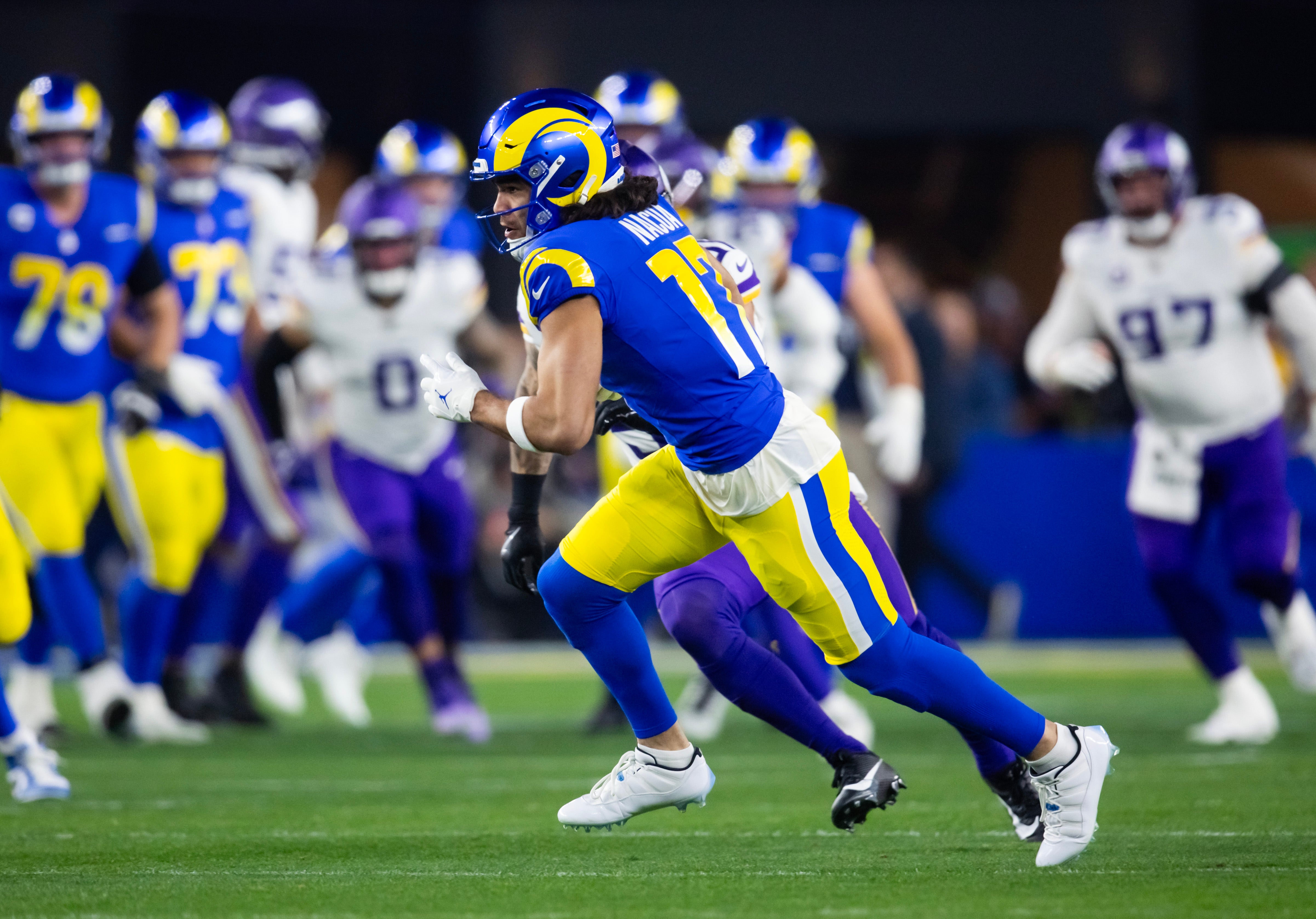 Los Angeles Rams wide receiver Puka Nacua (17) against the Minnesota Vikings during an NFC wild card game at State Farm Stadium
