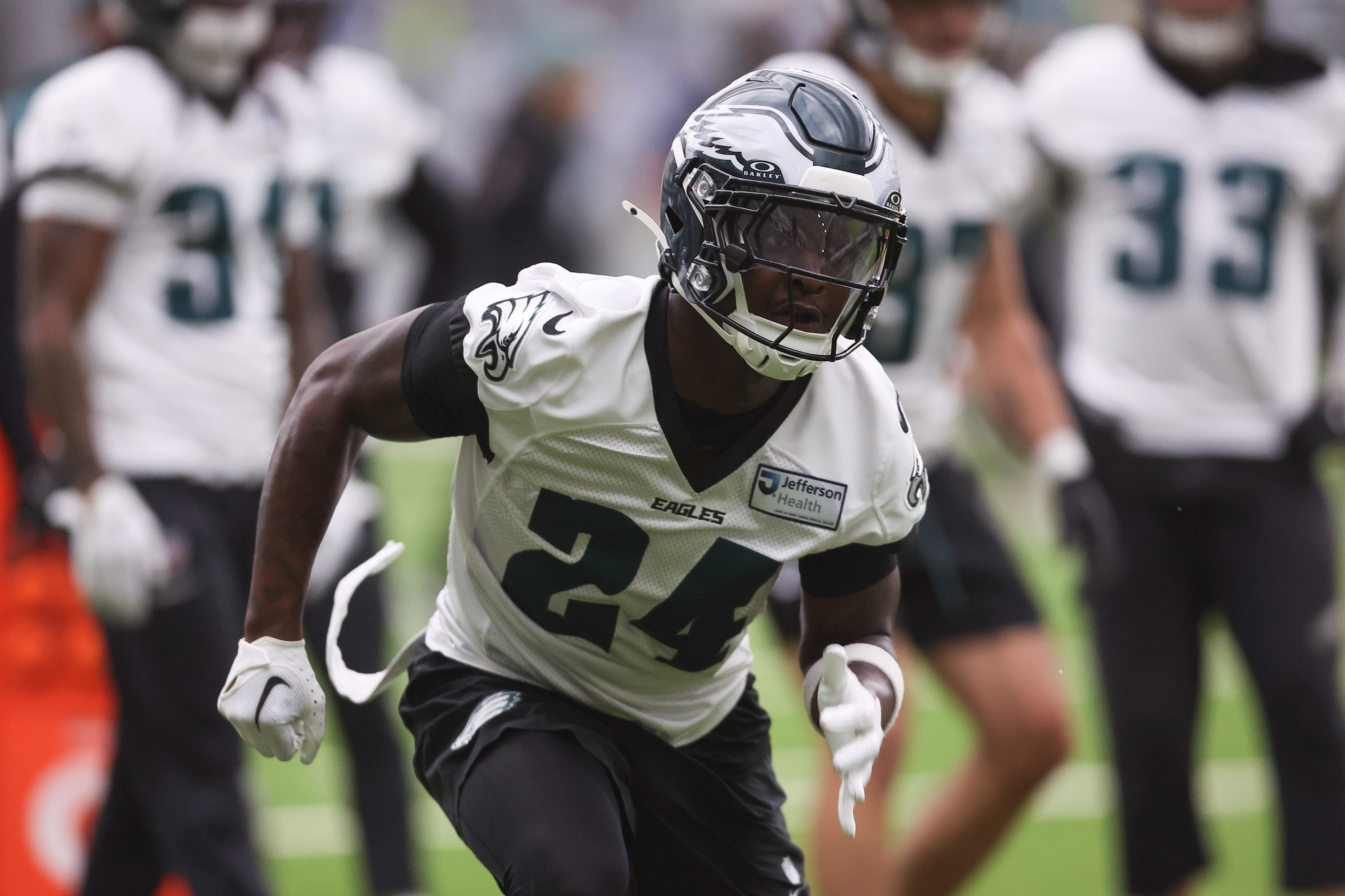 Philadelphia Eagles safety Andrew Mukuba (24) practices during OTAs at NovaCare Complex.
