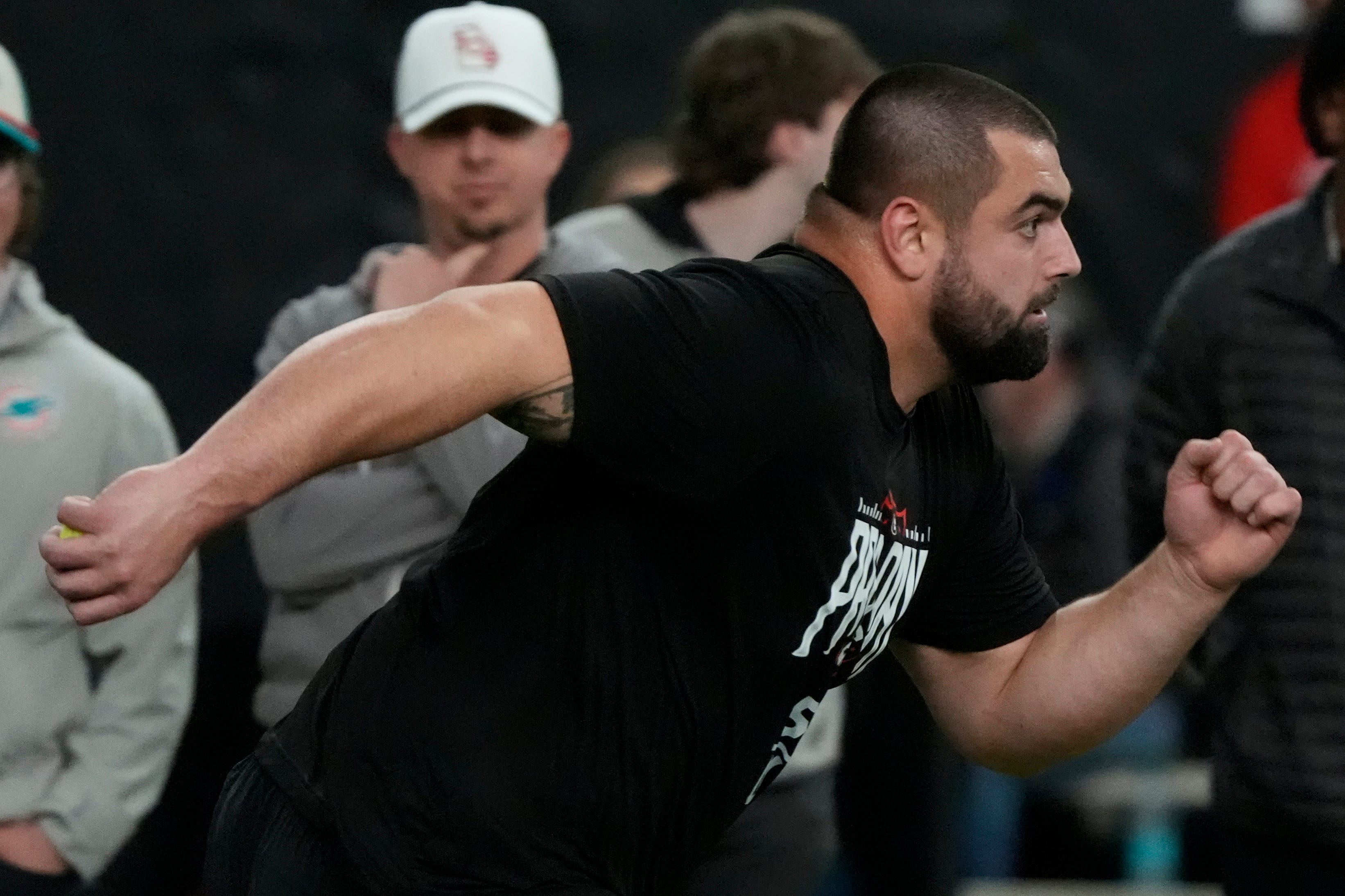 Former Georgia offensive lineman Dylan Fairchild (53) runs a drill during UGA Footballs Pro Day in Athens, Ga., on Wednesday, March 12, 2025. Representatives from all 32 NFL teams are on hand to watch former UGA football players in action.