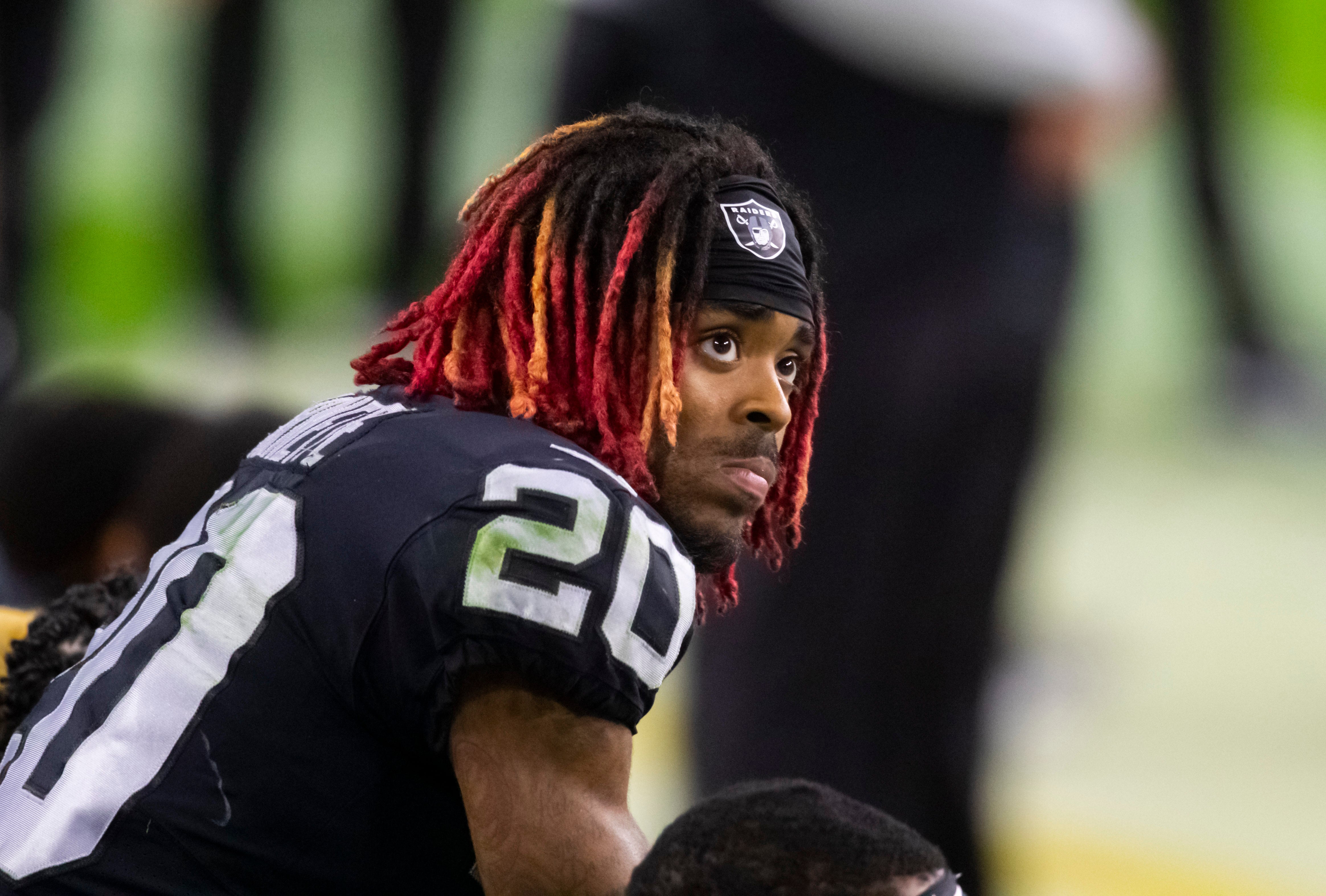 Las Vegas Raiders cornerback Damon Arnette (20) against the Kansas City Chiefs at Allegiant Stadium.