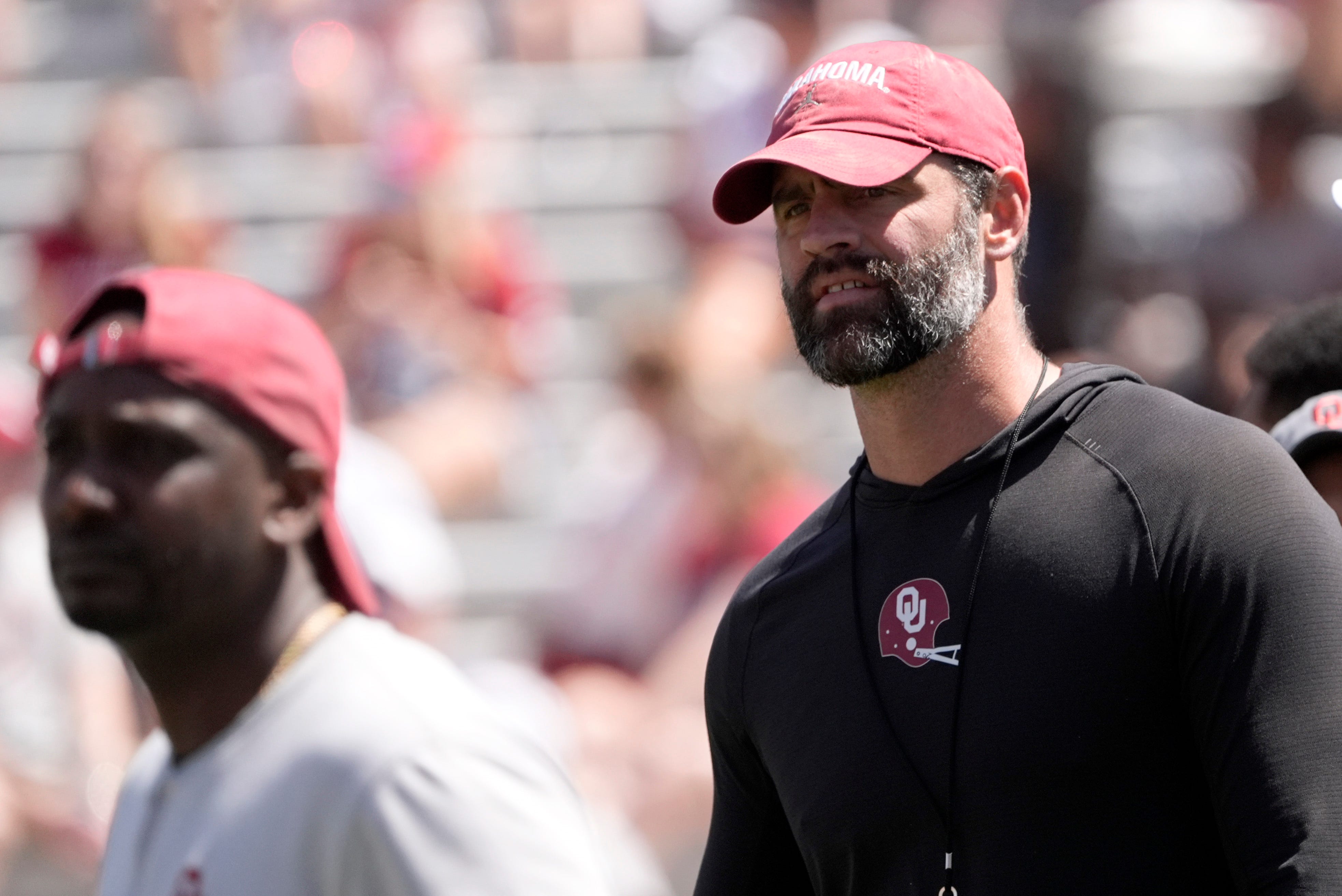 Oklahoma tight ends coach Joe Jon Finley watches drills during the University of Oklahoma Sooners Crimson Combine at Gaylord Family - Oklahoma Memorial Stadium in Norman, Okla., Saturday, April, 12, 2025.