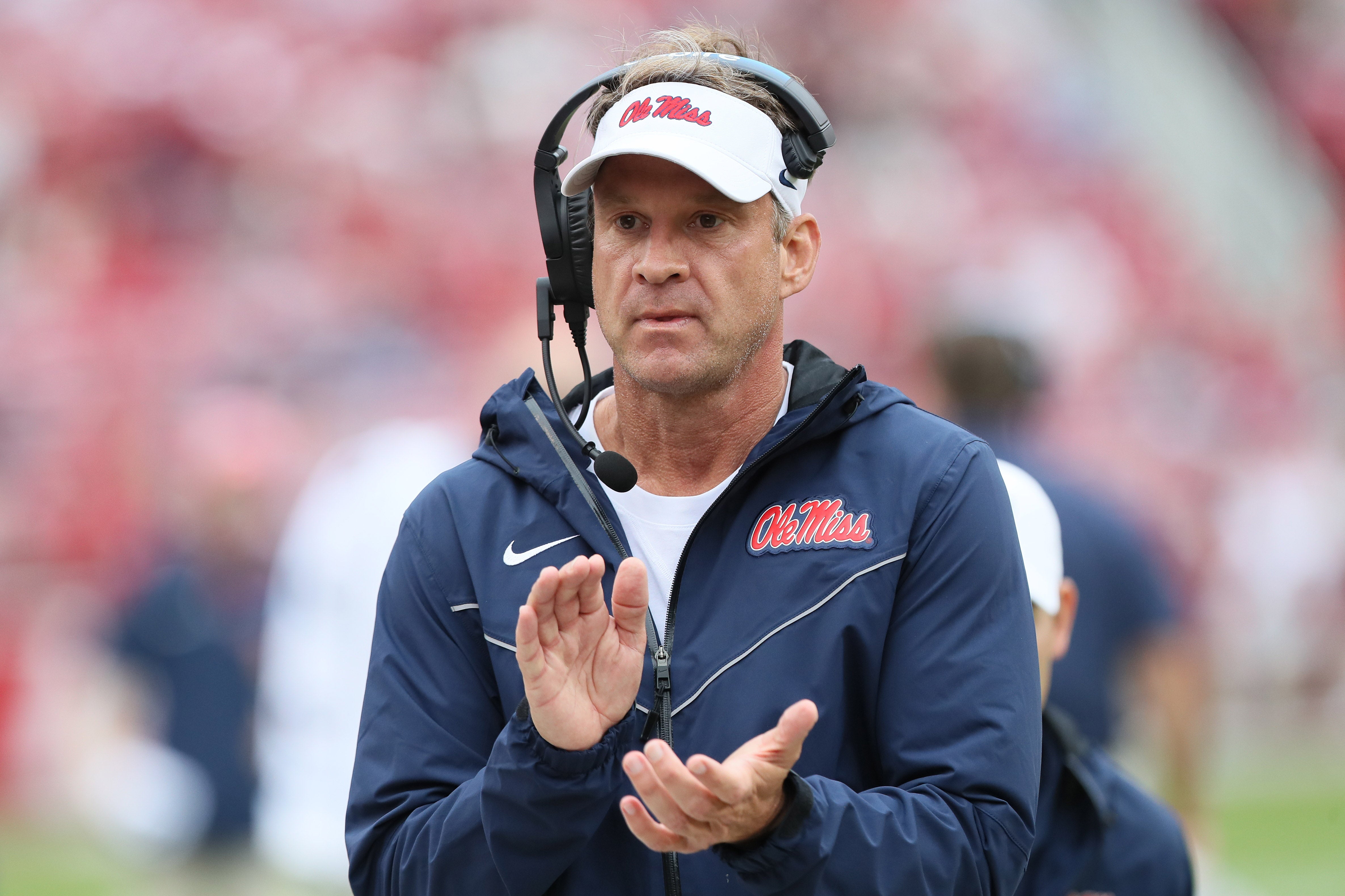 Nov 2, 2024; Fayetteville, Arkansas, USA; Ole Miss Rebels head coach Lane Kiffin in the fourth quarter against the Arkansas Razorbacks at Donald W. Reynolds Razorback Stadium. Mississippi won 63-31.