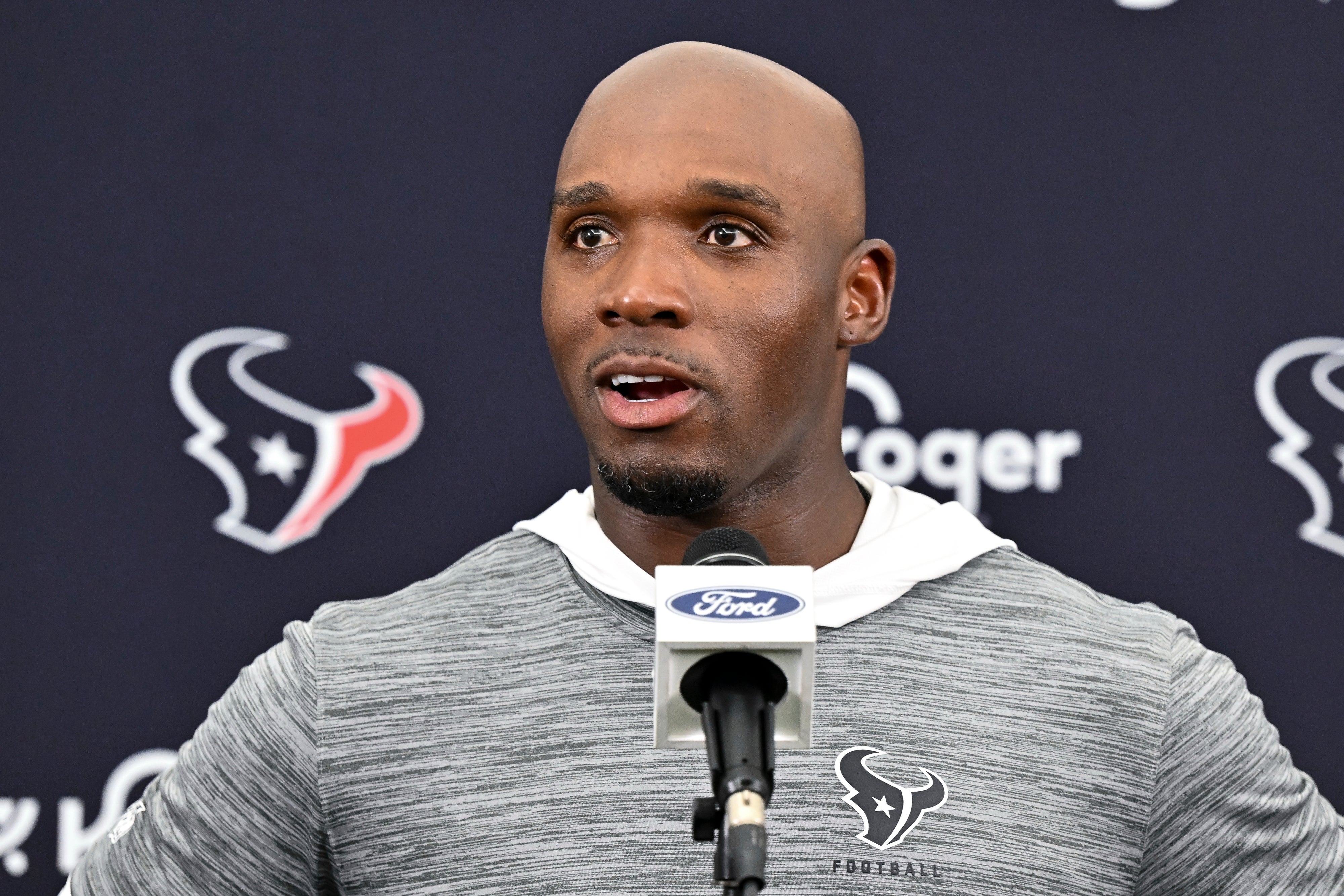 Jun 10, 2025; Houston, TX, USA; Houston Texans head coach DeMeco Ryans speaks during a press conference after an NFL football minicamp at NRG Stadium.