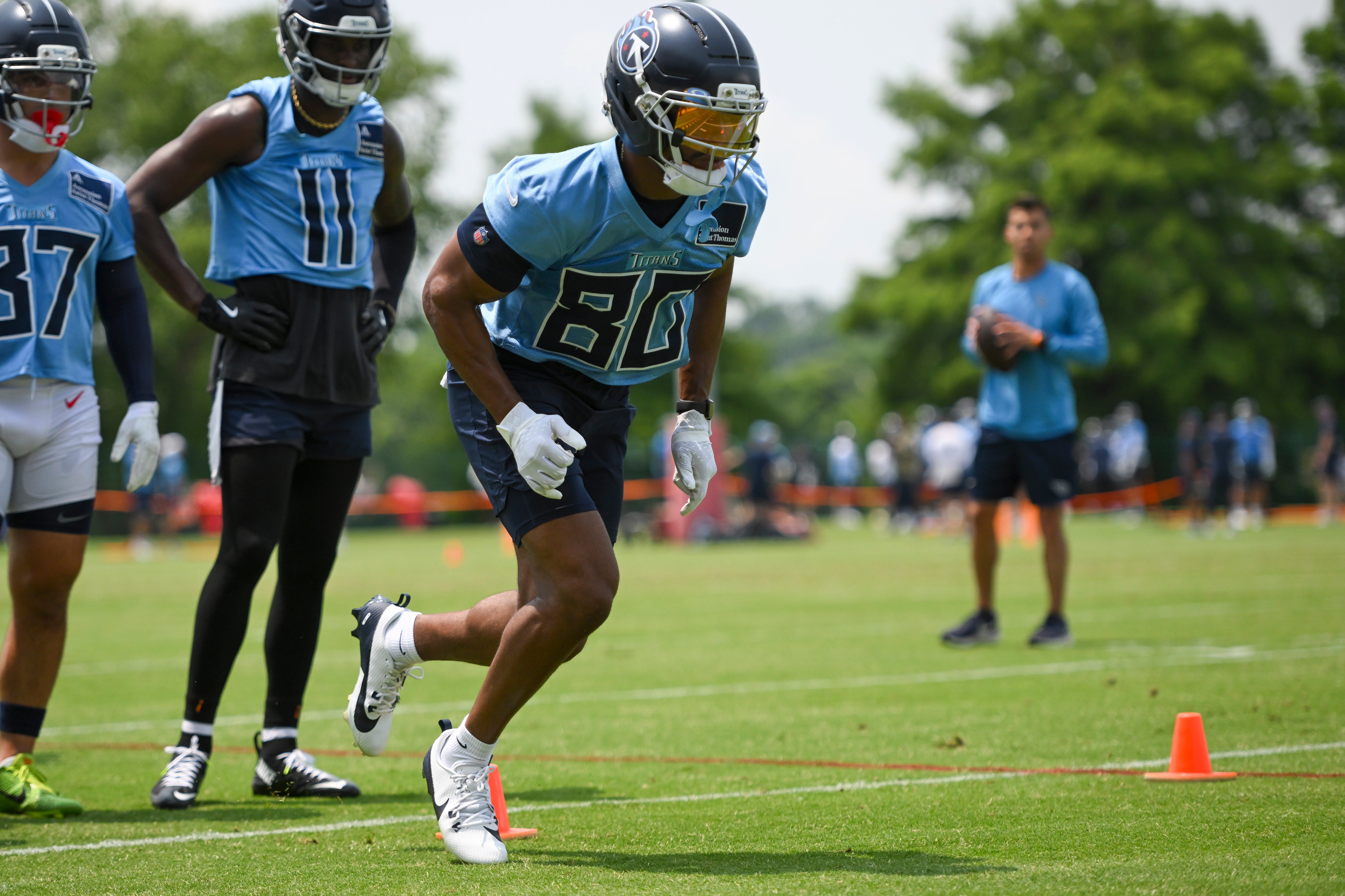 Jun 10, 2025; Nashville, TN, USA; Tennessee Titans wide receiver Bryce Oliver (80) goes through drills during minicamp at Nissan Stadium. Mandatory Credit: Steve Roberts-Imagn Images