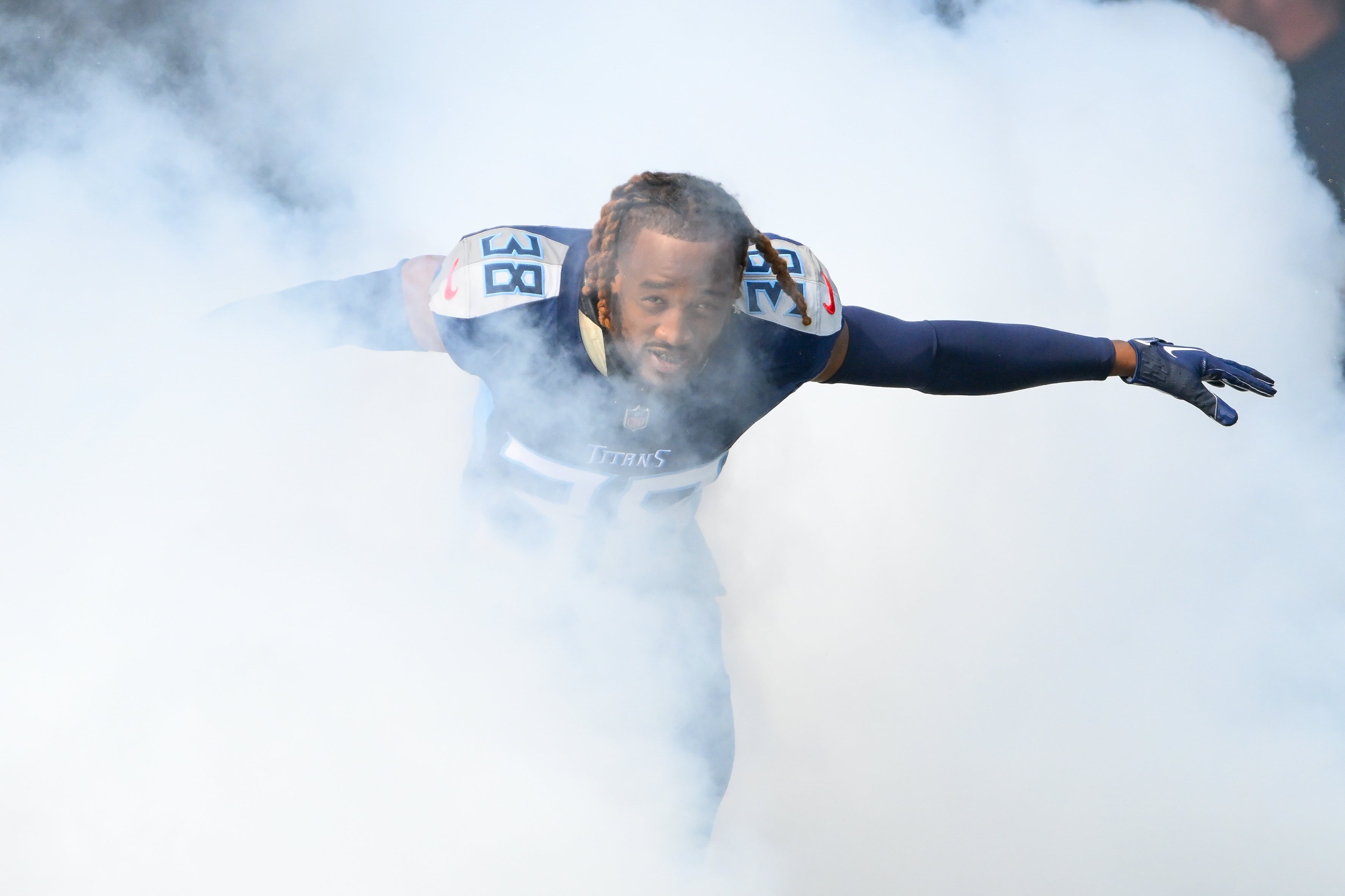 Oct 13, 2024; Nashville, Tennessee, USA; Tennessee Titans cornerback L'Jarius Sneed (38) runs out during player introductions against the Indianapolis Colts at Nissan Stadium. Mandatory Credit: Steve Roberts-Imagn Images